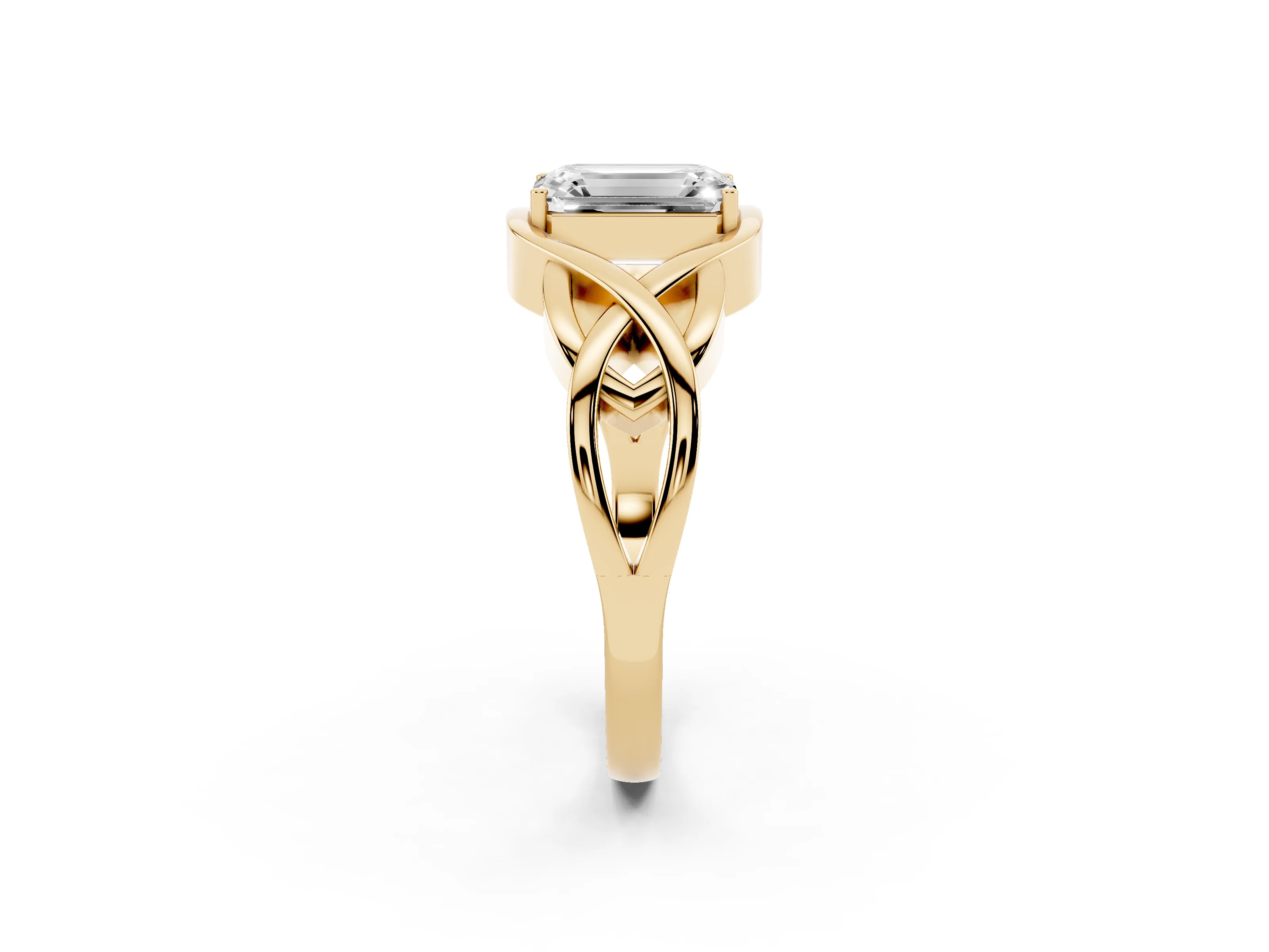 Emerald Cut Diamond Solitaire Ring Set in Yellow gold with Intertwined Band