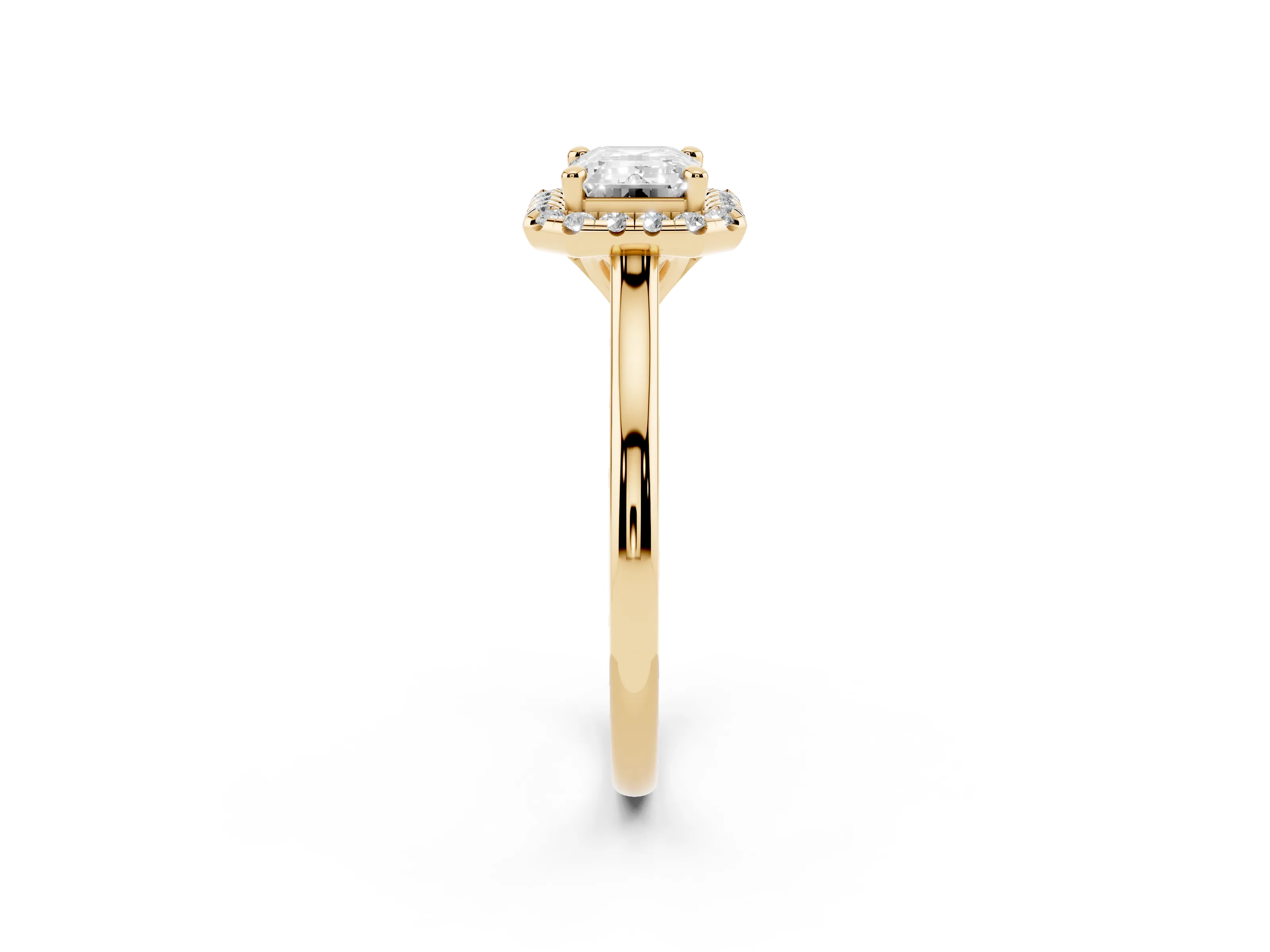 Emerald Cut Diamond Halo Engagement Ring Set in Yellow gold with Pavé Band and Rising Shoulders