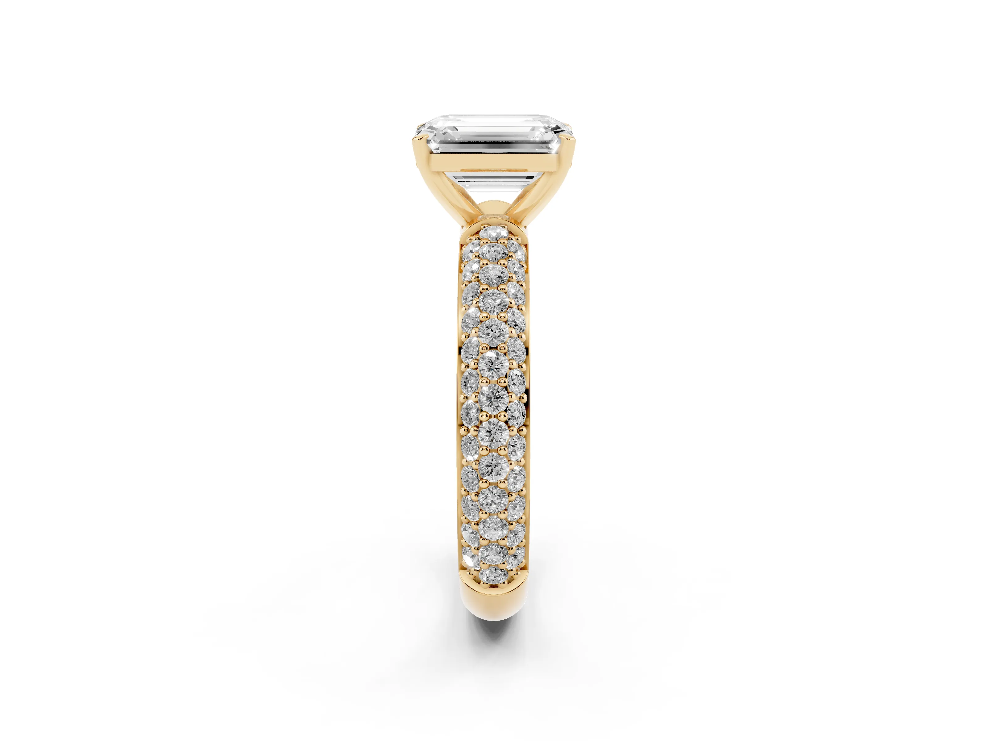 Emerald Cut Diamond Solitaire Ring Set in Yellow gold with Prong Setting and Pavé-Set Band