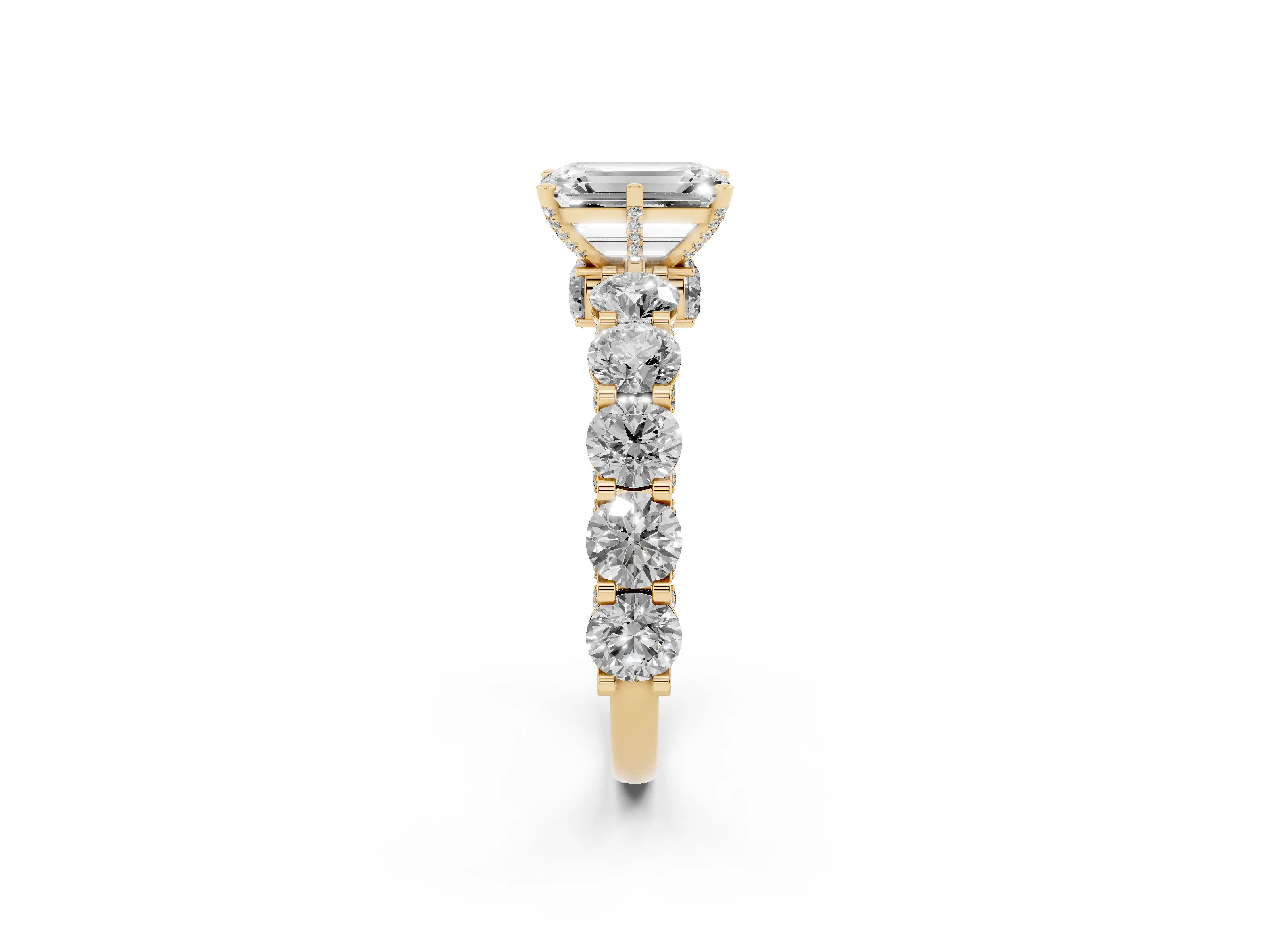 Emerald Cut Diamond Side Stone Ring Set in Yellow gold with Alternating Round and Oval Side Stones