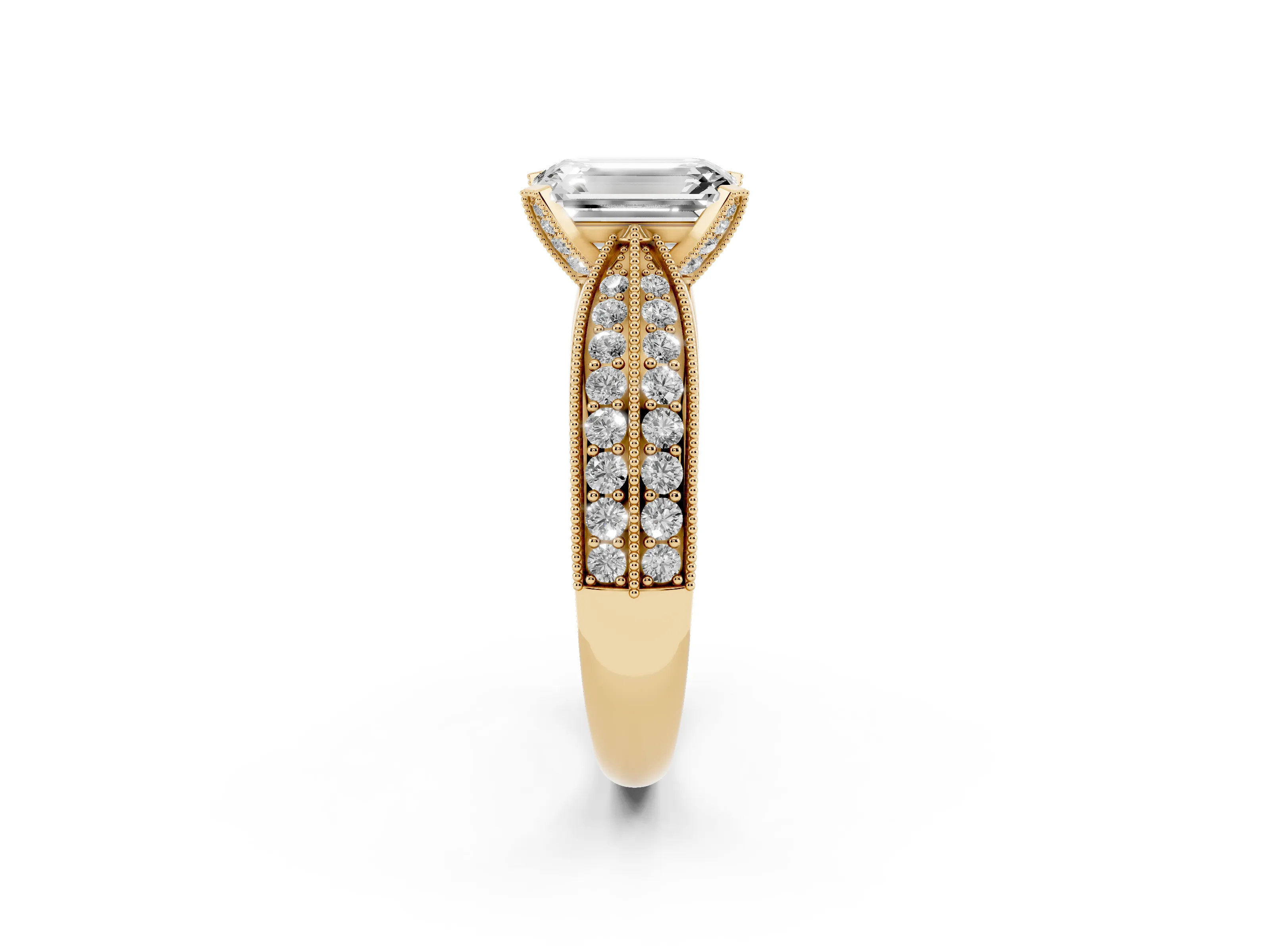 Emerald Cut Diamond Solitaire Ring Set in Yellow gold with Milgrain Double Row Round Pavé Band