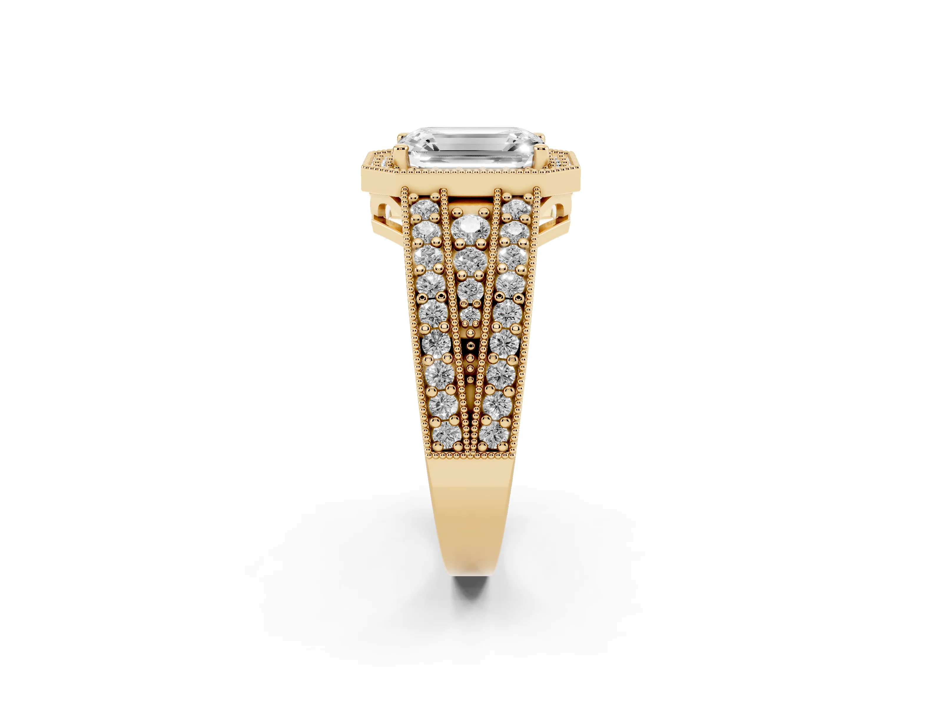 Emerald Cut Diamond Halo Ring Set in Yellow gold with Accent Split Shank and Prong Setting