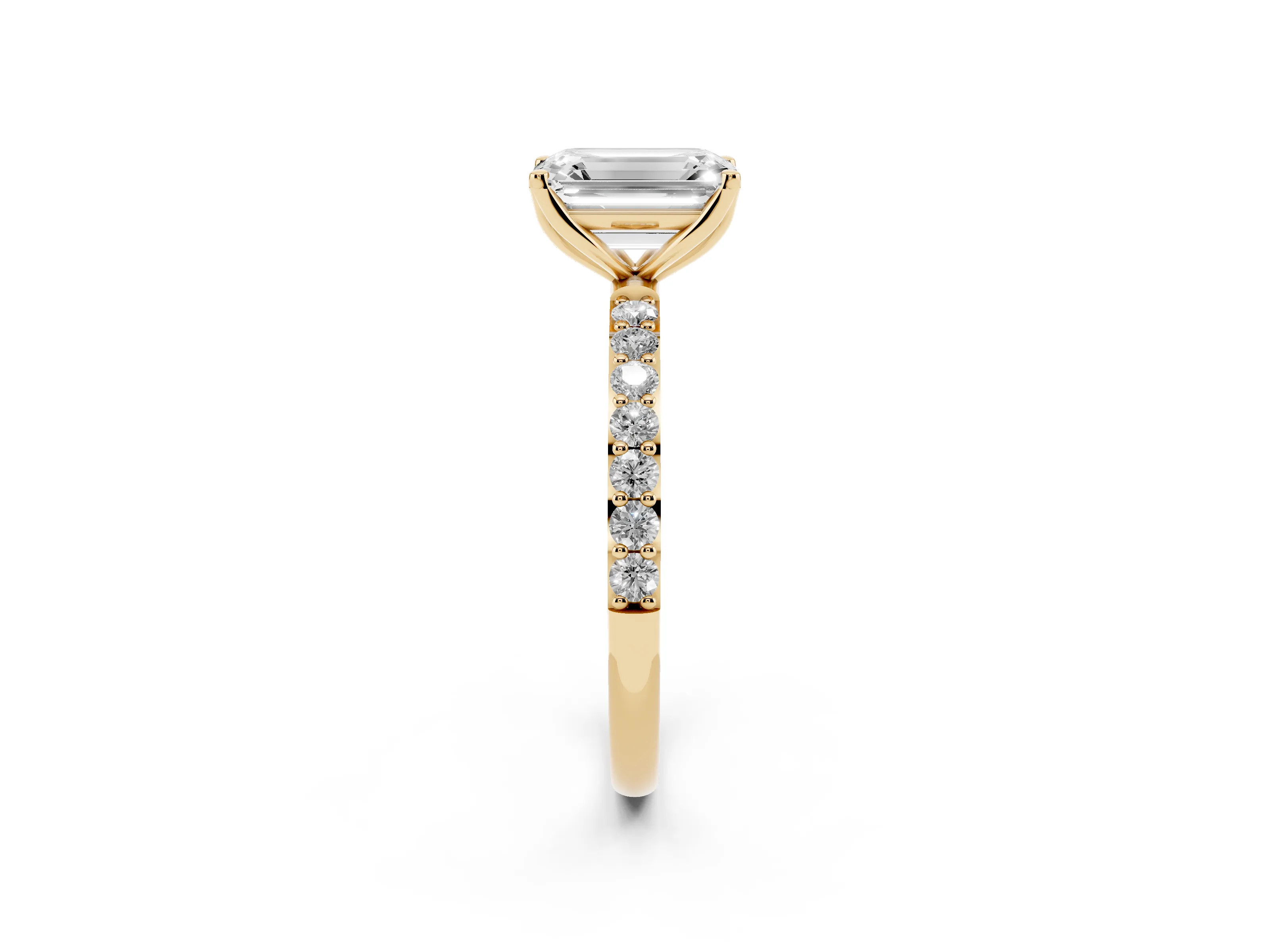 Emerald Cut Diamond Solitaire Engagement Ring Set in Yellow gold with Round Pavé Band and Prong Setting