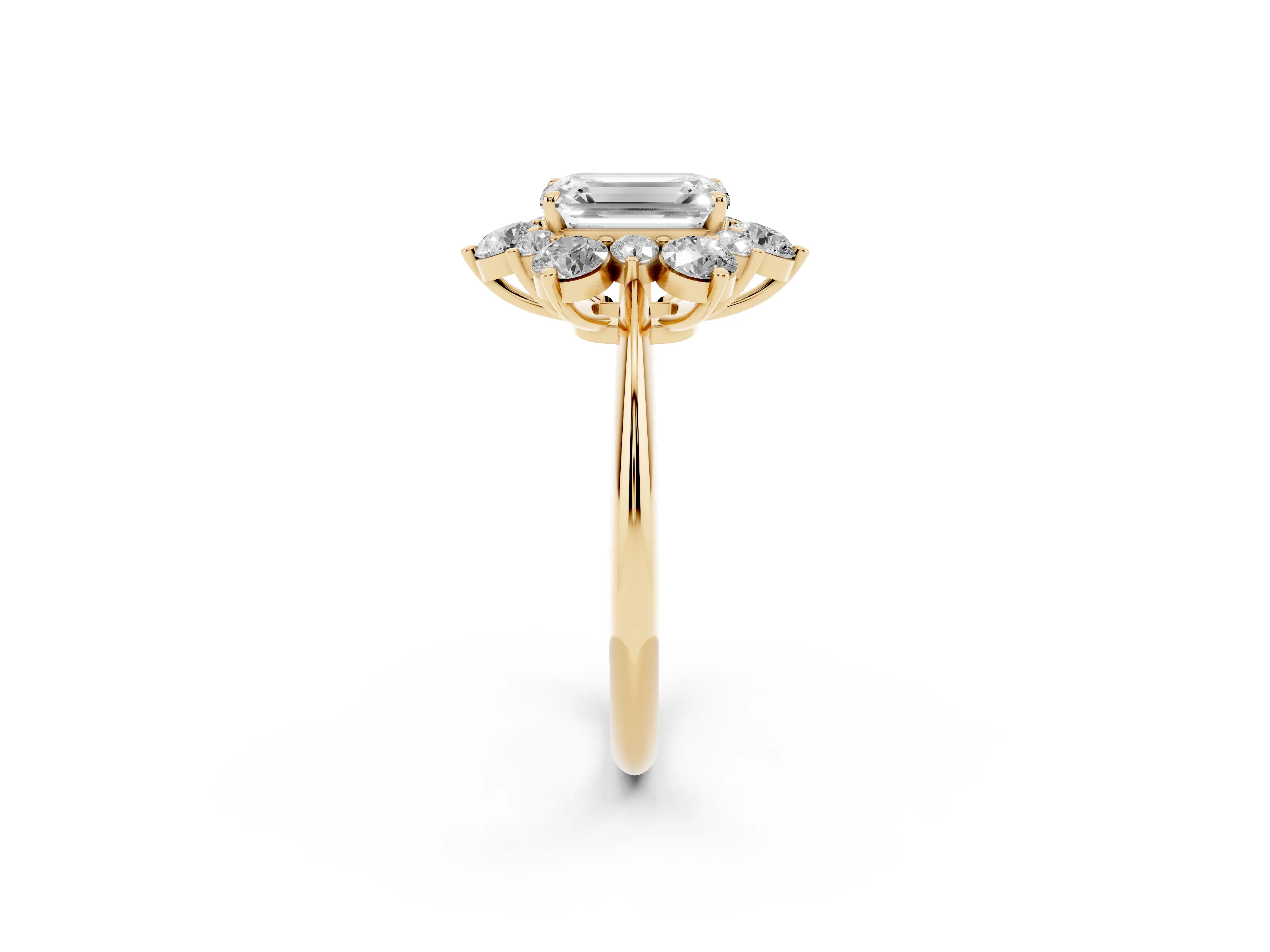 Emerald Cut Diamond Cluster Halo Ring Set in Yellow gold with Solitaire Band and Prong Setting