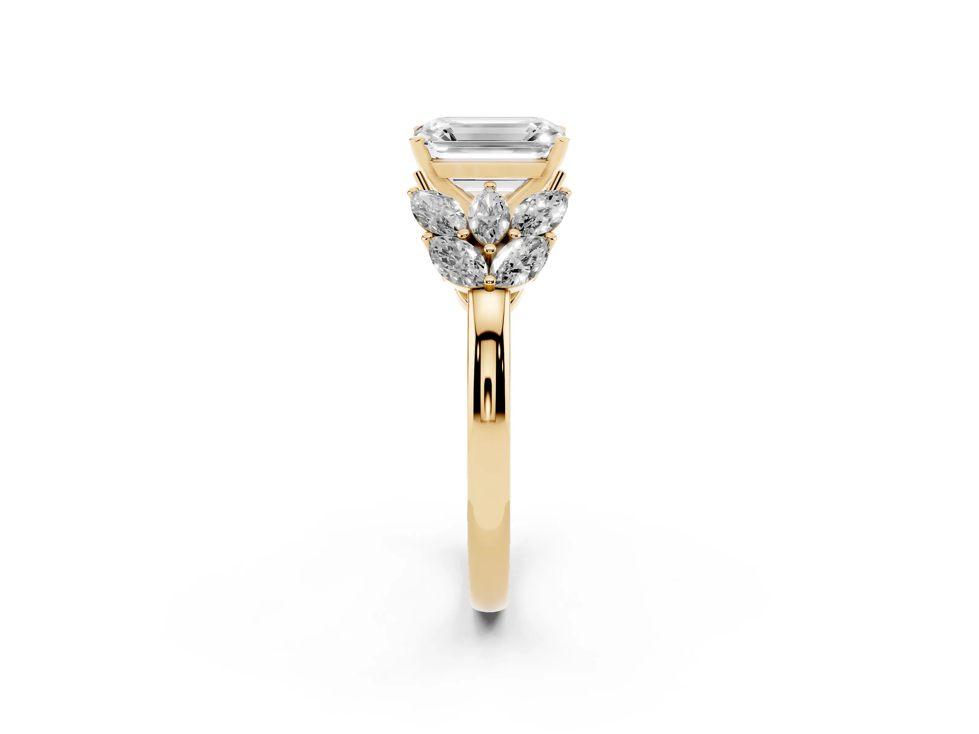 Emerald Cut Diamond Cluster Leaf Design Ring Set in Yellow gold with Prong Setting
