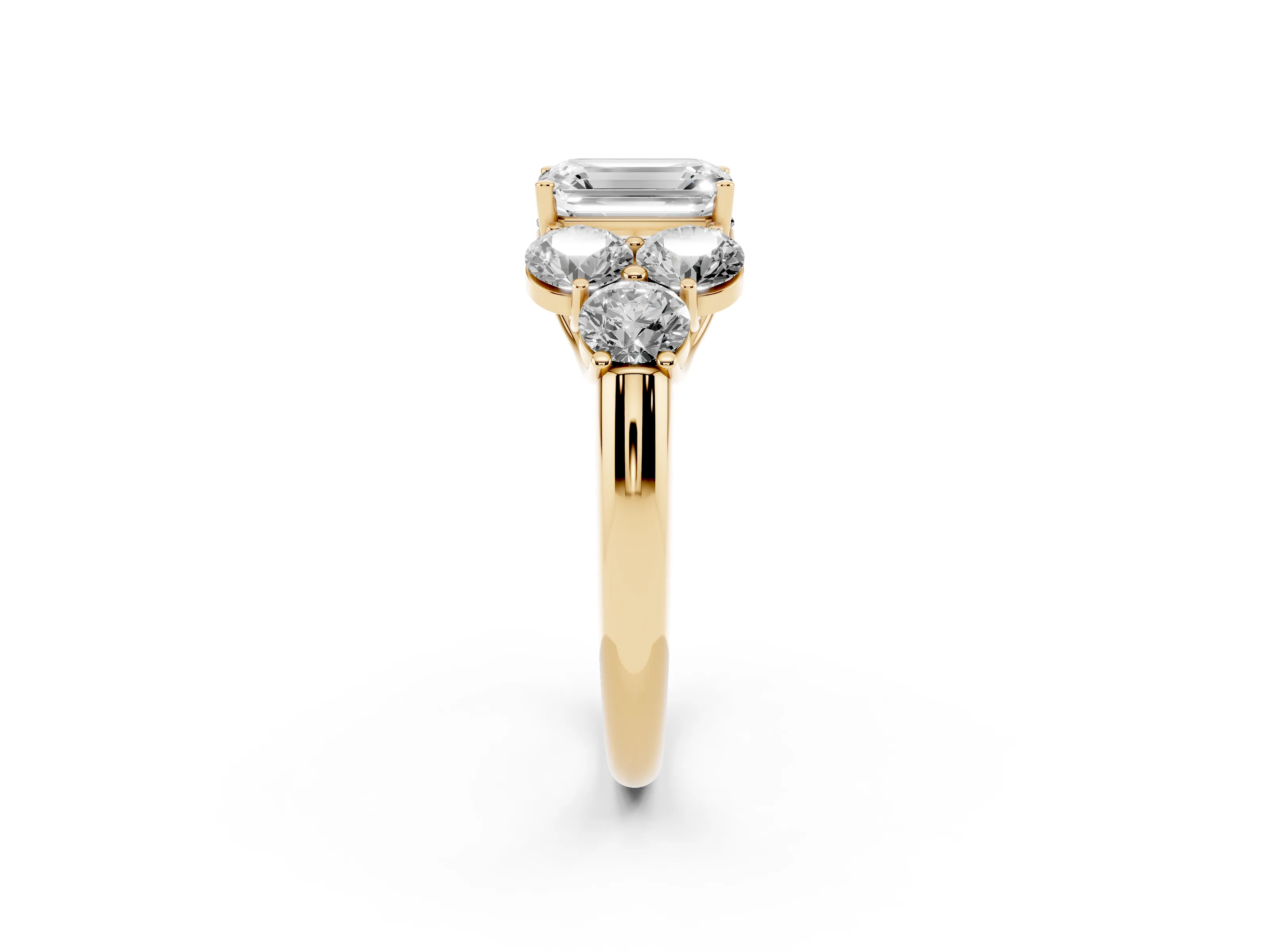 Emerald Cut Diamond Cluster Ring Set in Yellow gold with Round Accent Stones and Prong Setting on a Plain Band
