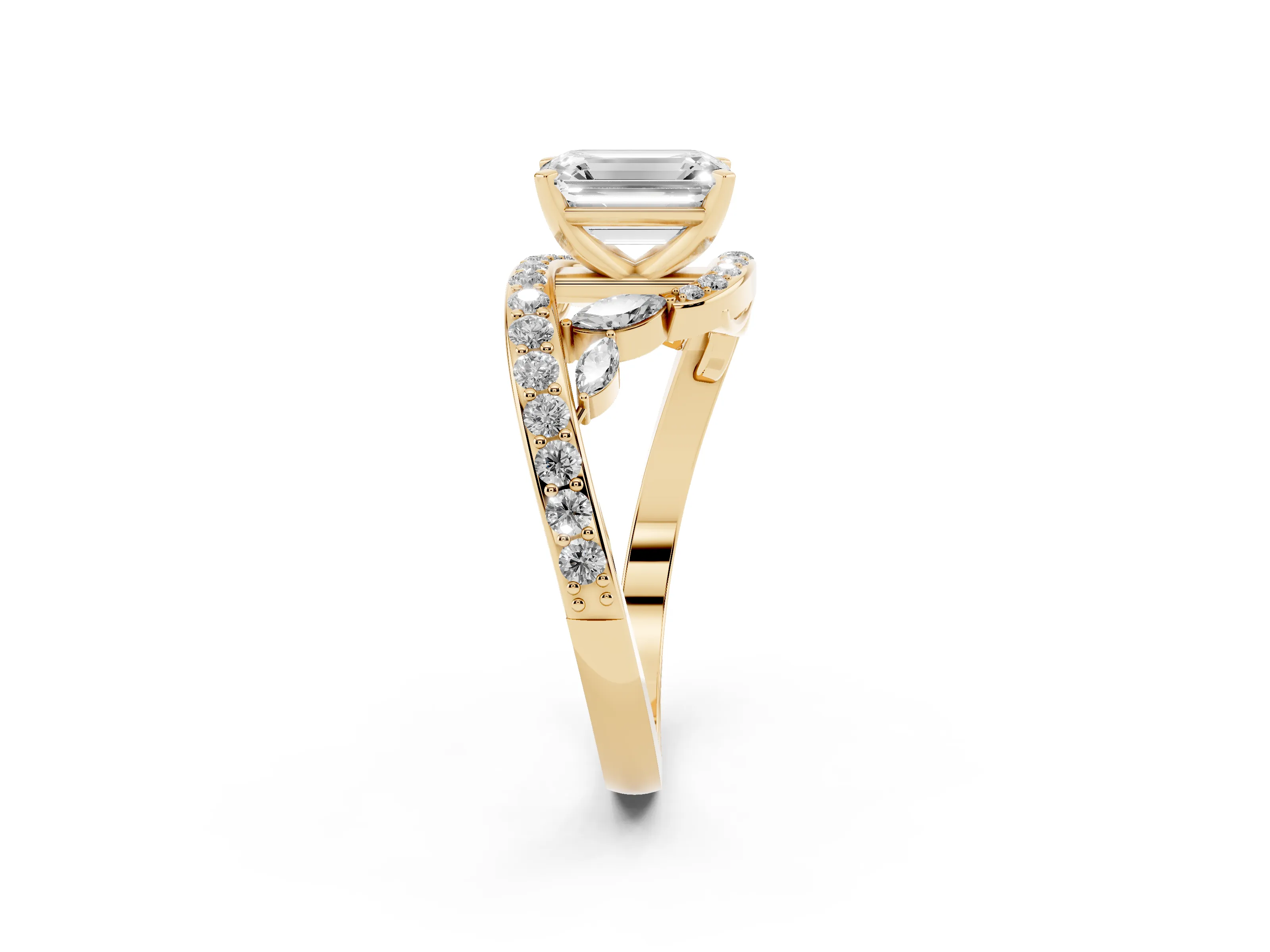 Emerald Cut Diamond Solitaire Ring Set in Yellow gold with Pavé Twist Band and Secure Prong Setting