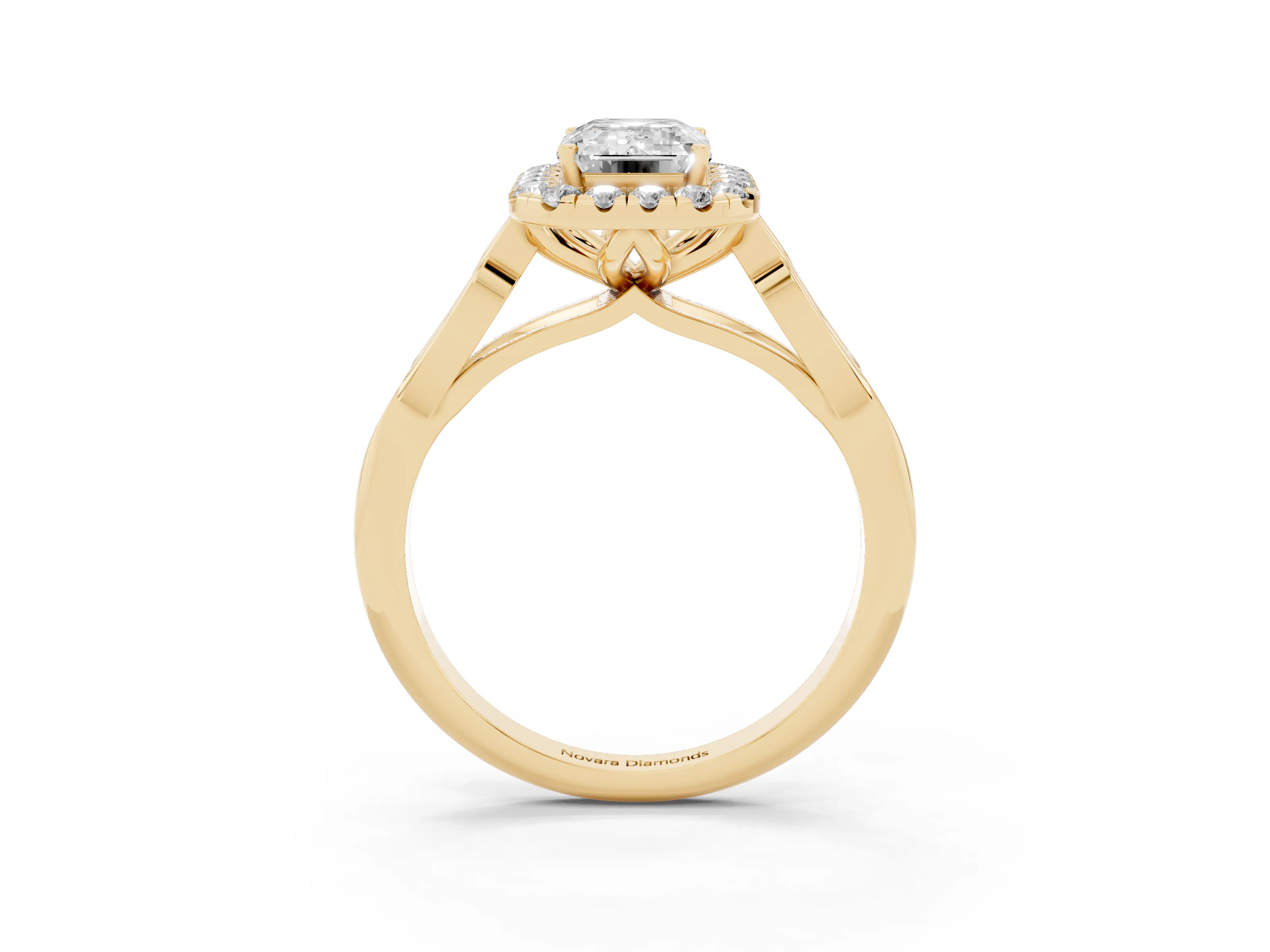 Emerald Cut Diamond Halo Engagement Ring Set in Yellow gold with Filigree Band and Prong-Set Center