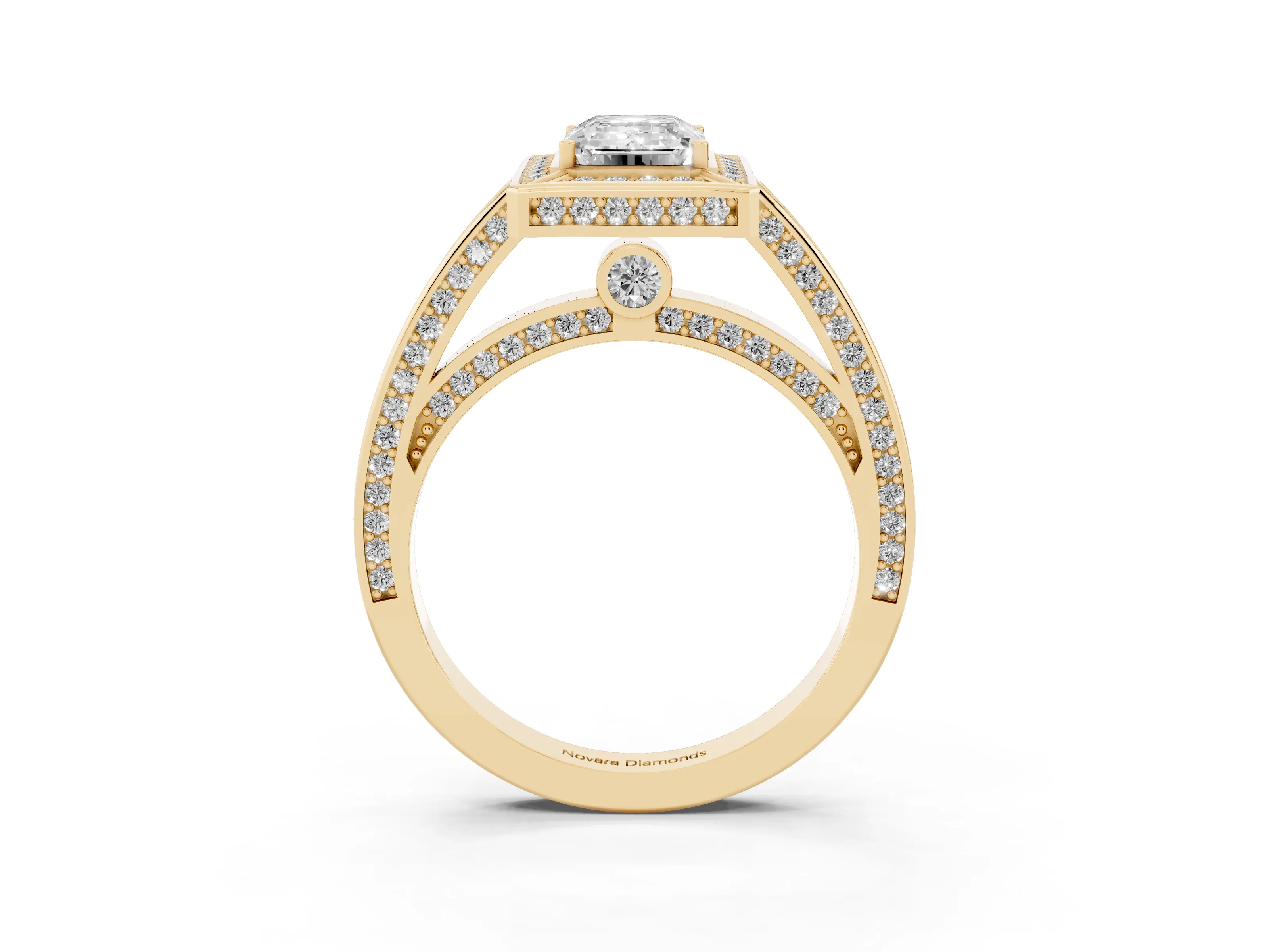 Emerald Cut Diamond Halo Pavé Split Shank Ring Set in Yellow gold with Prong Setting