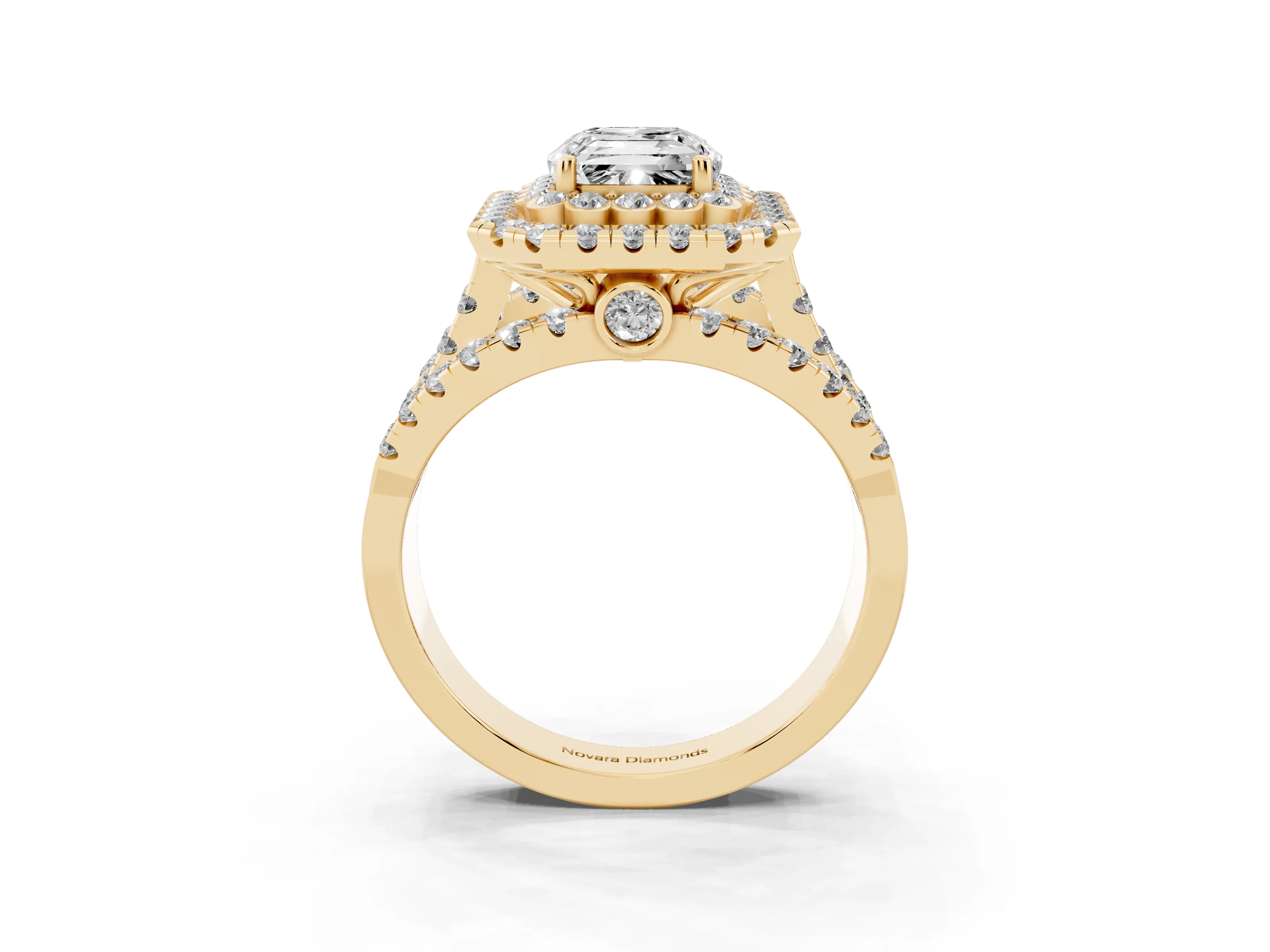 Emerald Cut Diamond Double Halo Ring Set in Yellow gold with Round Pavé Split Shank