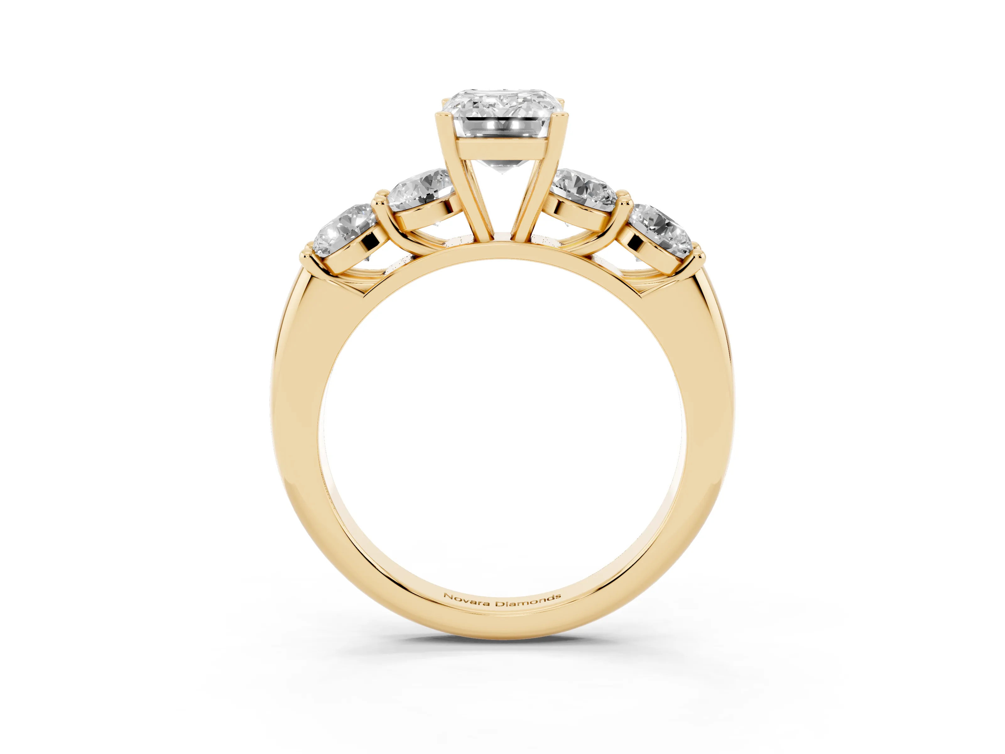 Emerald Cut Diamond Five-Stone Prong Set Ring Set in Yellow gold with Classic Band