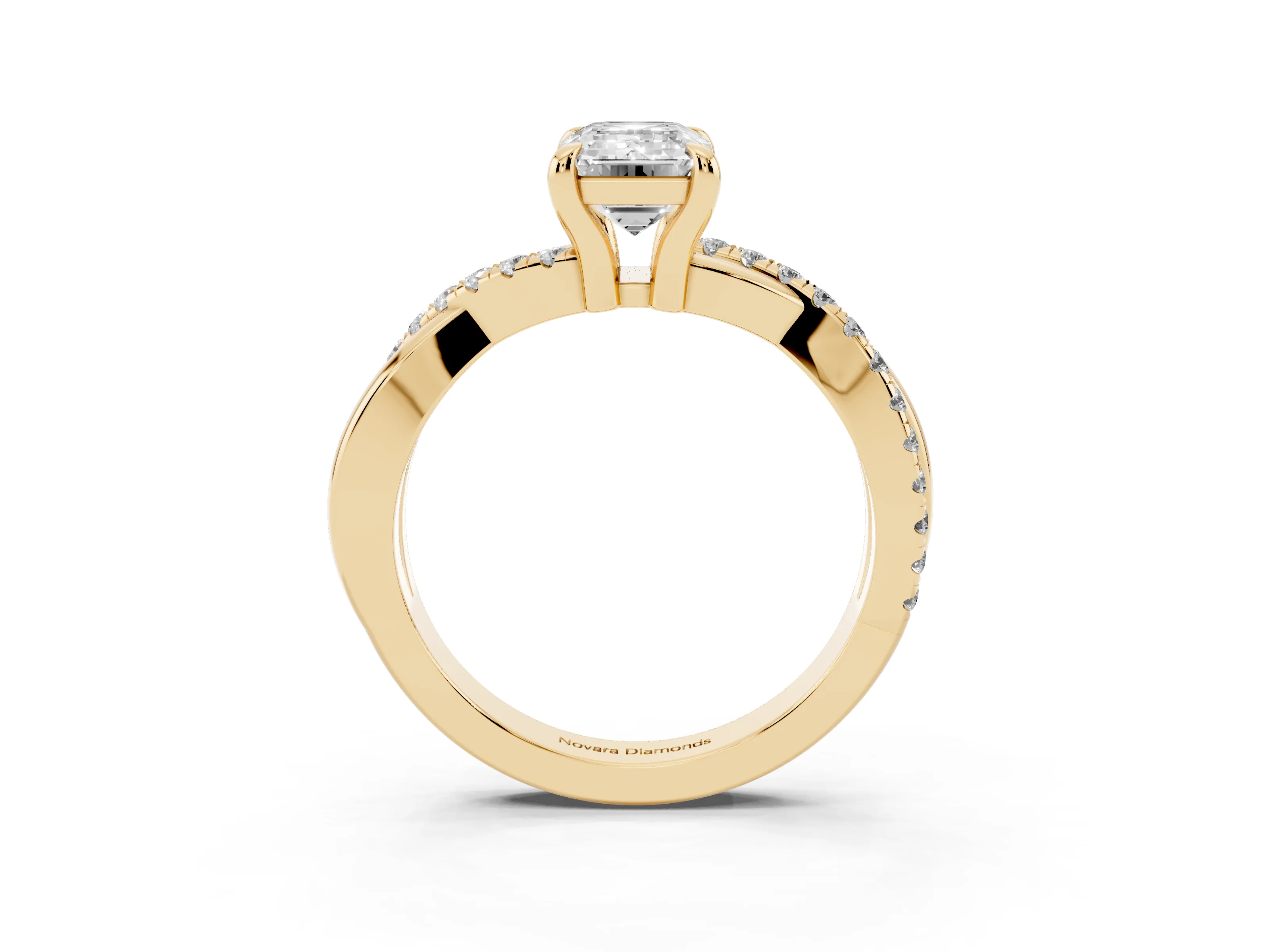 Emerald Cut Diamond Twist Band Pavé Solitaire Ring Set in Yellow gold with Prong Setting