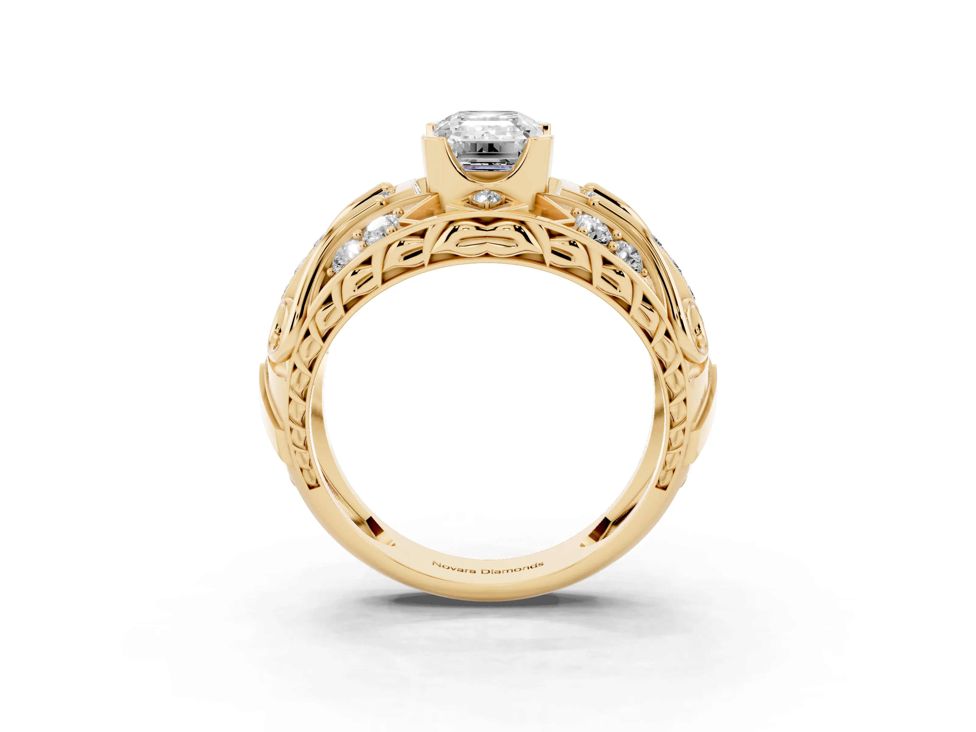 Emerald Cut Diamond Art Deco Ring Set in Yellow gold with Pavé Split Shank