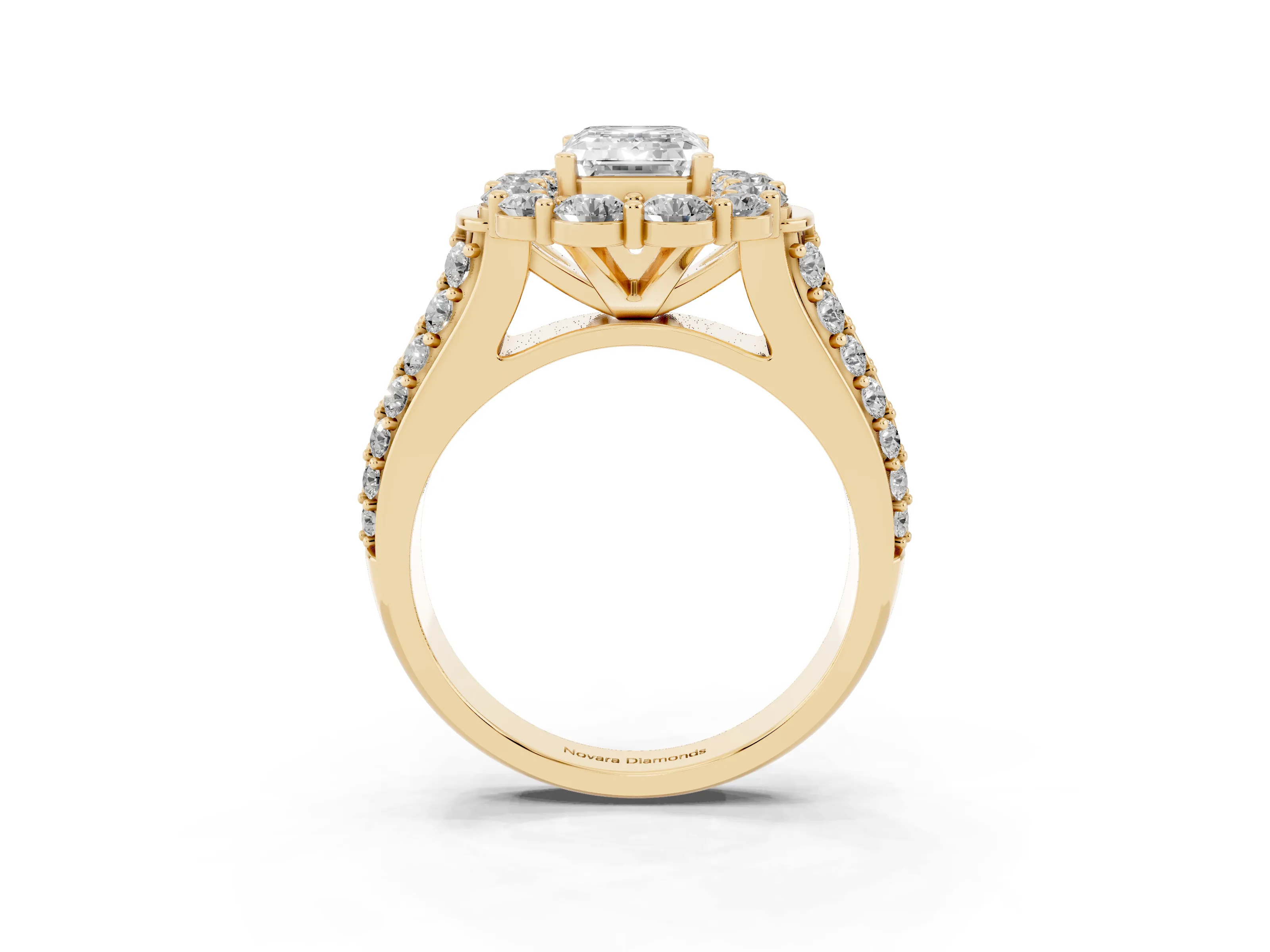 Emerald Cut Diamond Halo Engagement Ring Set in Yellow gold with Split Shank and Prong Setting