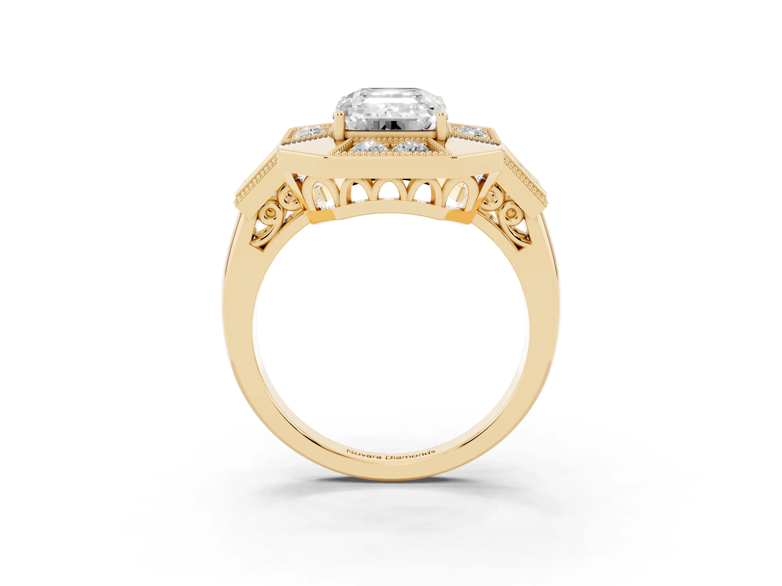 Emerald Cut Diamond Milgrain Halo Ring Set in Yellow gold with Split Shank