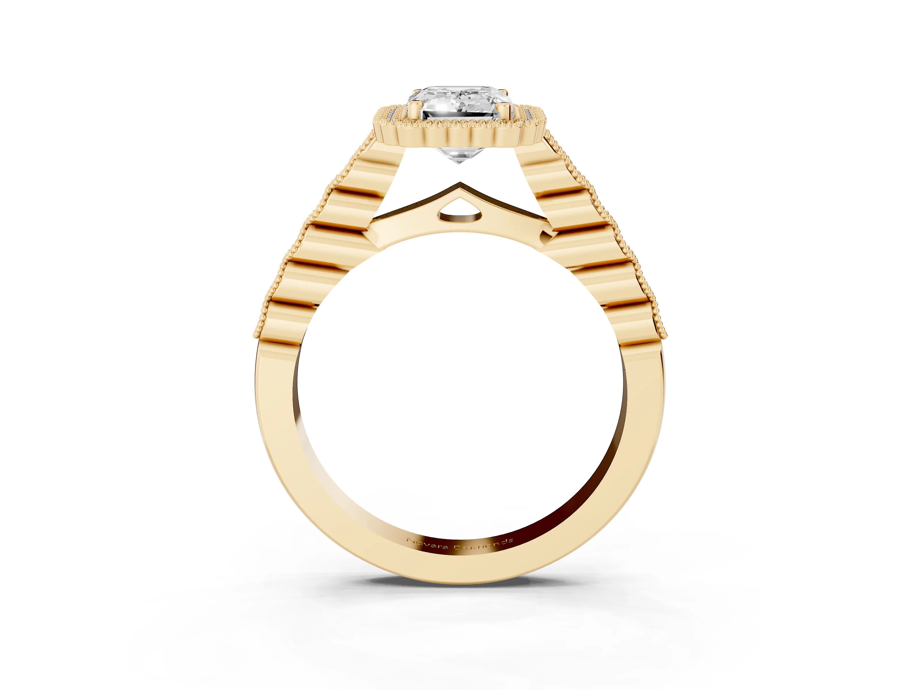 Emerald Cut Diamond Halo Ring Set in Yellow gold with Pavé Milgrain Band
