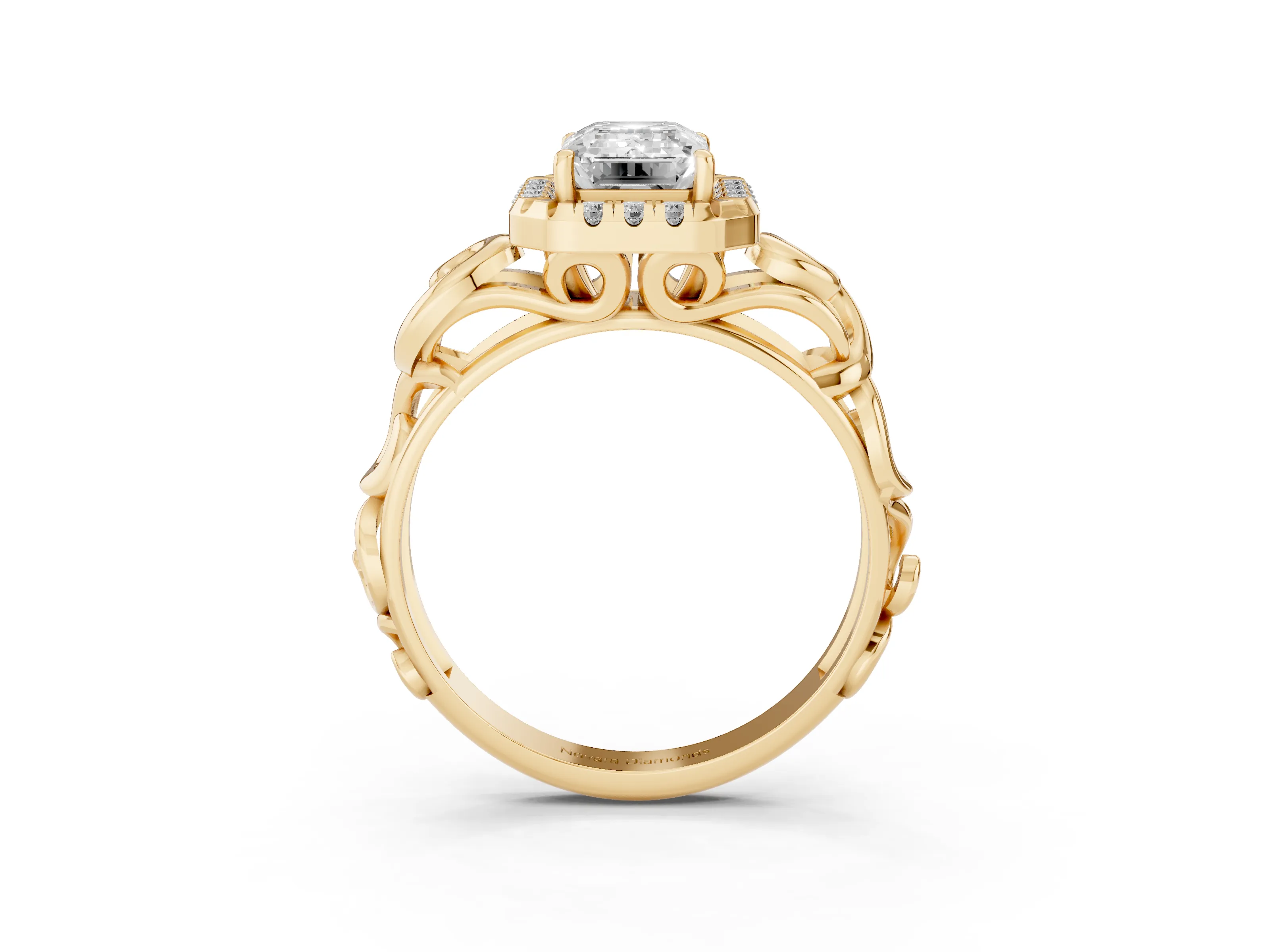 Emerald Cut Diamond Halo Ring Set in Yellow gold with Scrollwork Band and Prong Setting