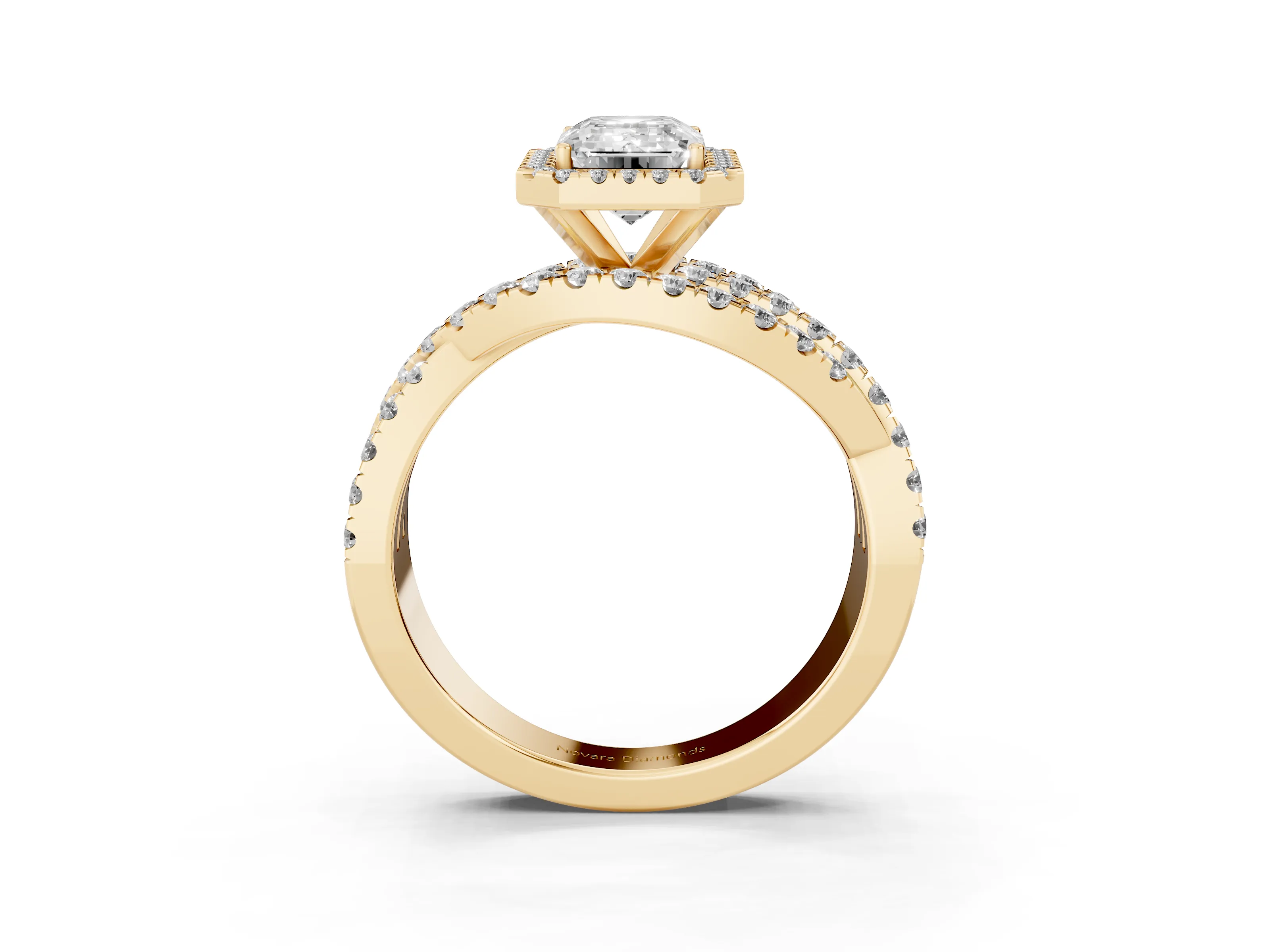 Emerald Cut Diamond Halo Ring Set in Yellow gold with Round Crossover Split Shank and Prong Setting