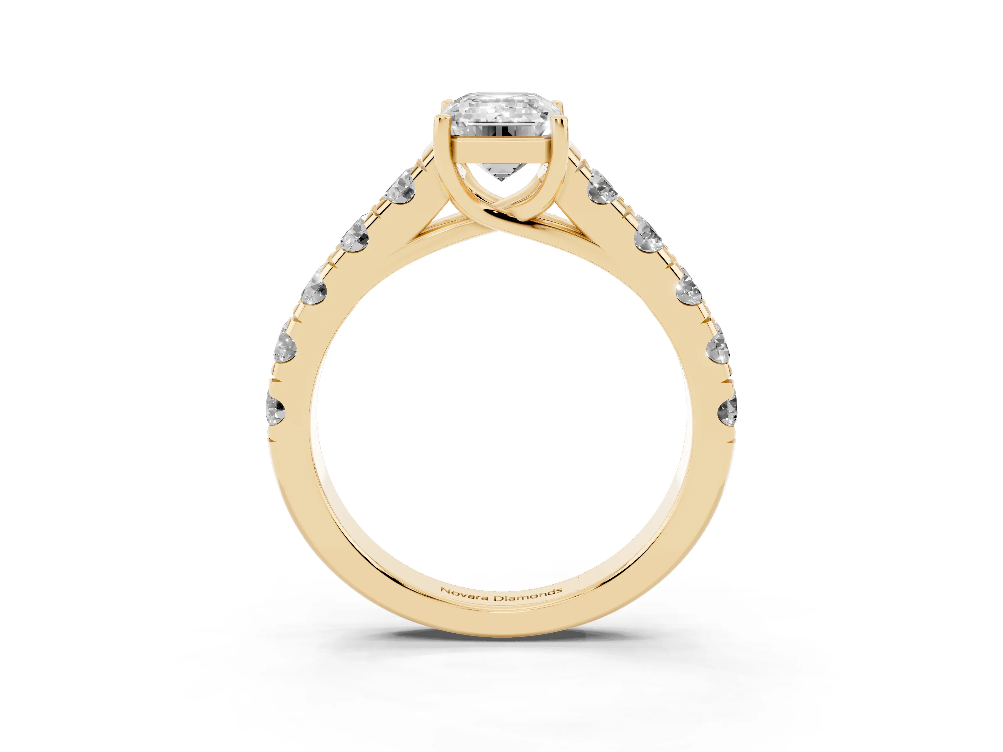 Emerald Cut Diamond Solitaire Ring Set in Yellow gold with Cut-Down Micro Pavé Band and Prong Setting