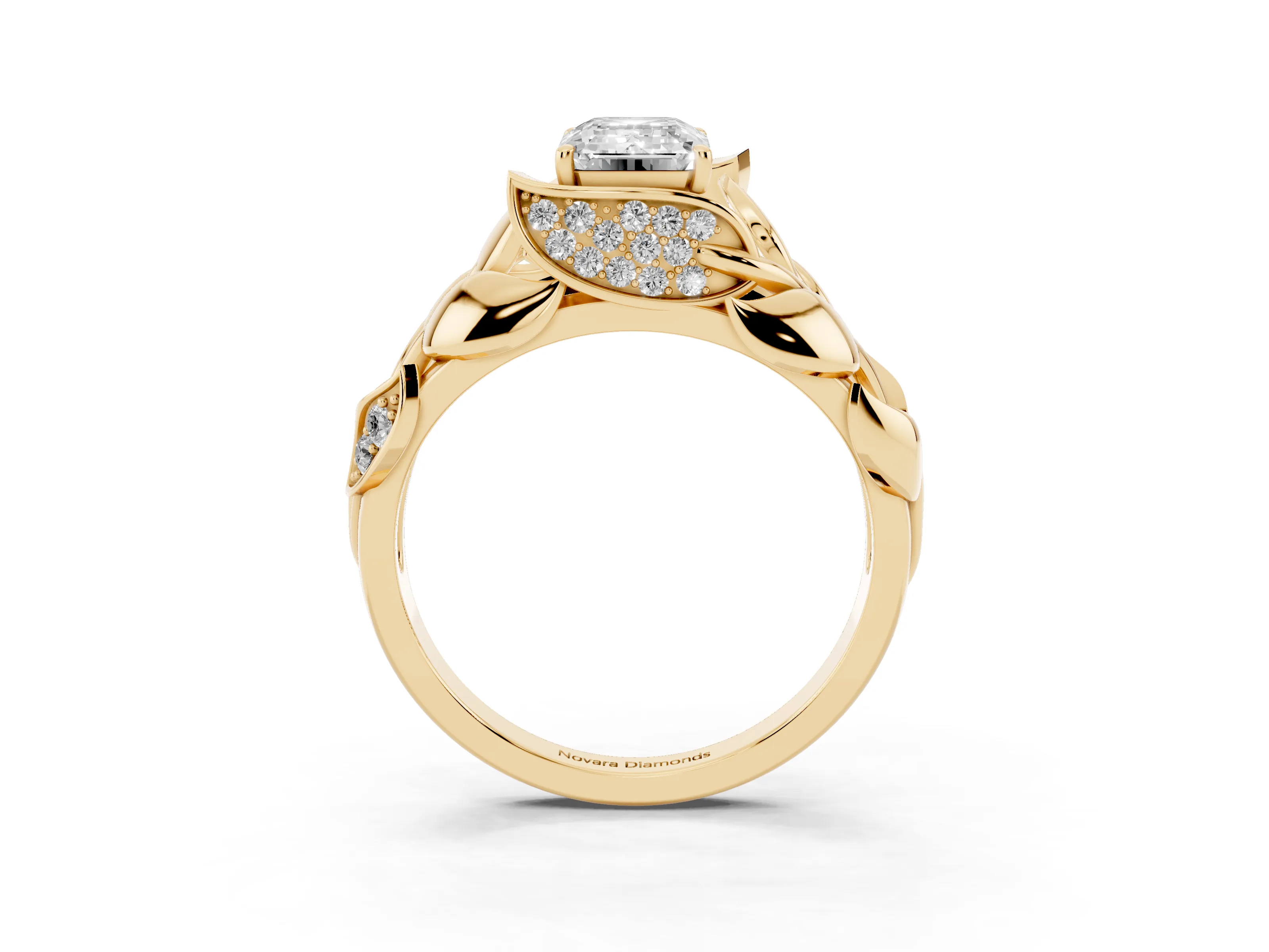 Emerald Cut Diamond Leaf-Inspired Engagement Ring Set in Yellow gold with Round Accents