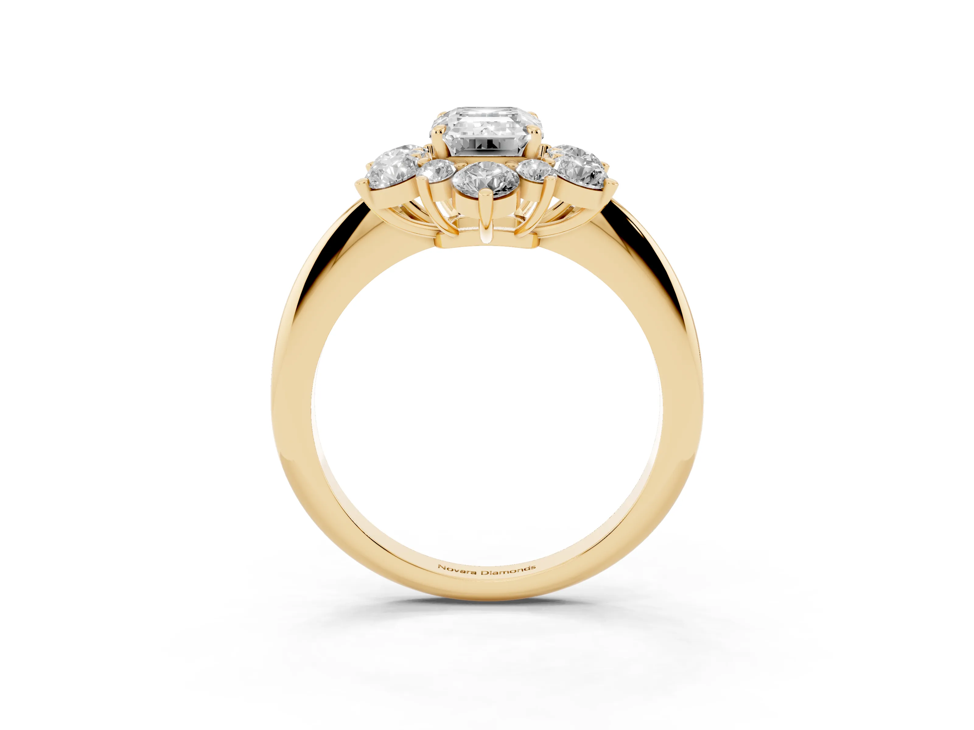 Emerald Cut Diamond Cluster Halo Ring Set in Yellow gold with Solitaire Band and Prong Setting