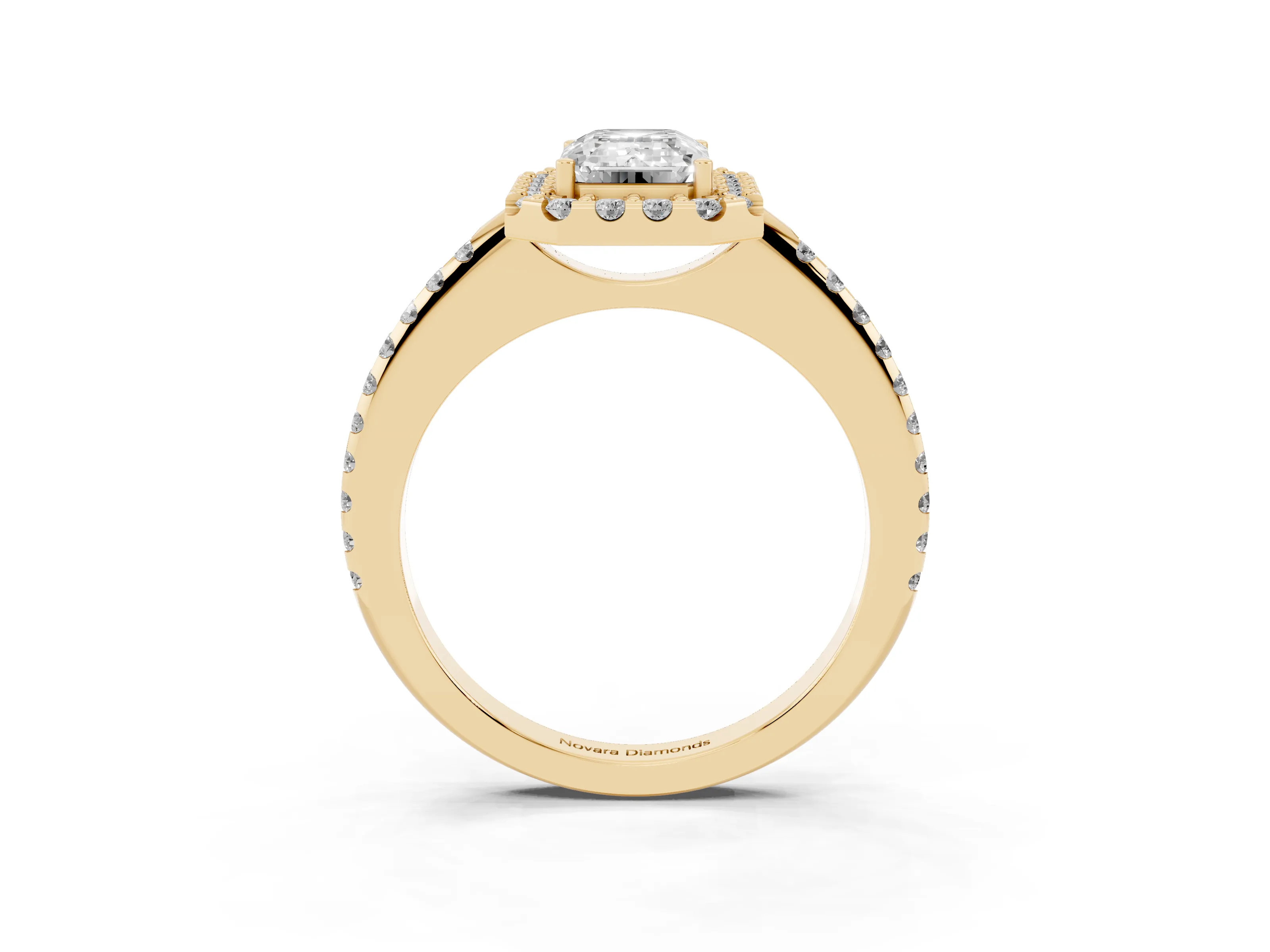 Emerald Cut Diamond Pavé Halo Ring Set in Yellow gold with Prong Setting