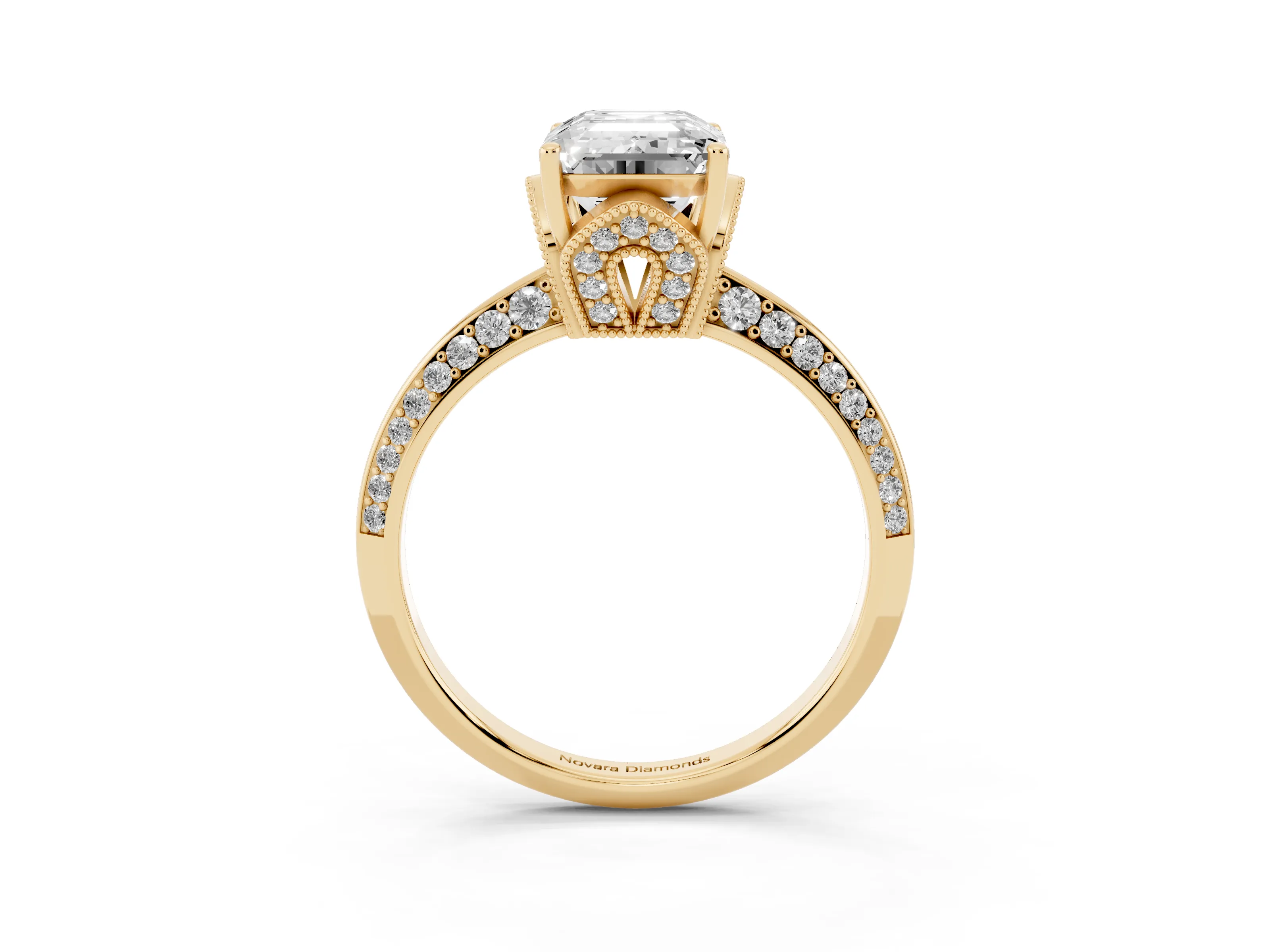 Emerald Cut Diamond Solitaire Engagement Ring Set in Yellow gold with Pavé Split Shank and Prong Setting
