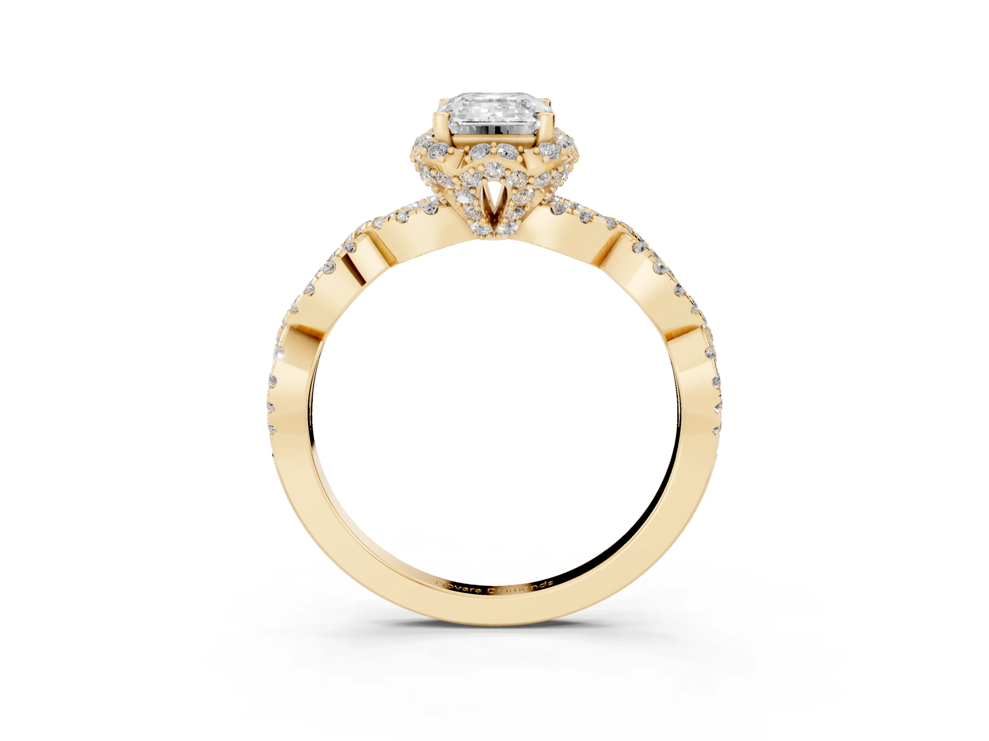 Emerald Cut Diamond Halo Twist Band Solitaire Ring Set in Yellow gold with Prong-Set Center Stone