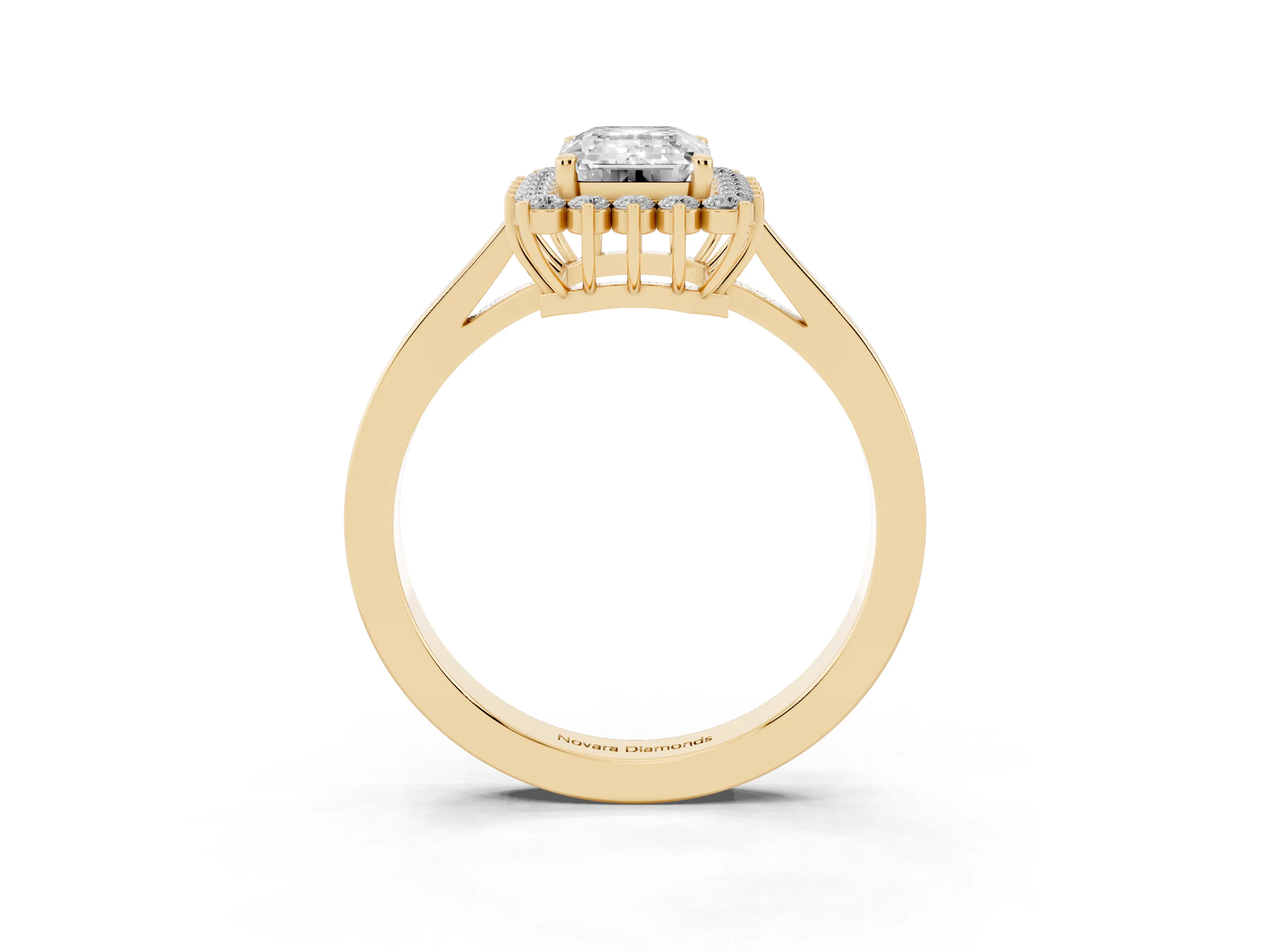 Emerald Cut Diamond Halo Ring Set in Yellow gold with Round Halo and Smooth Solitaire Band