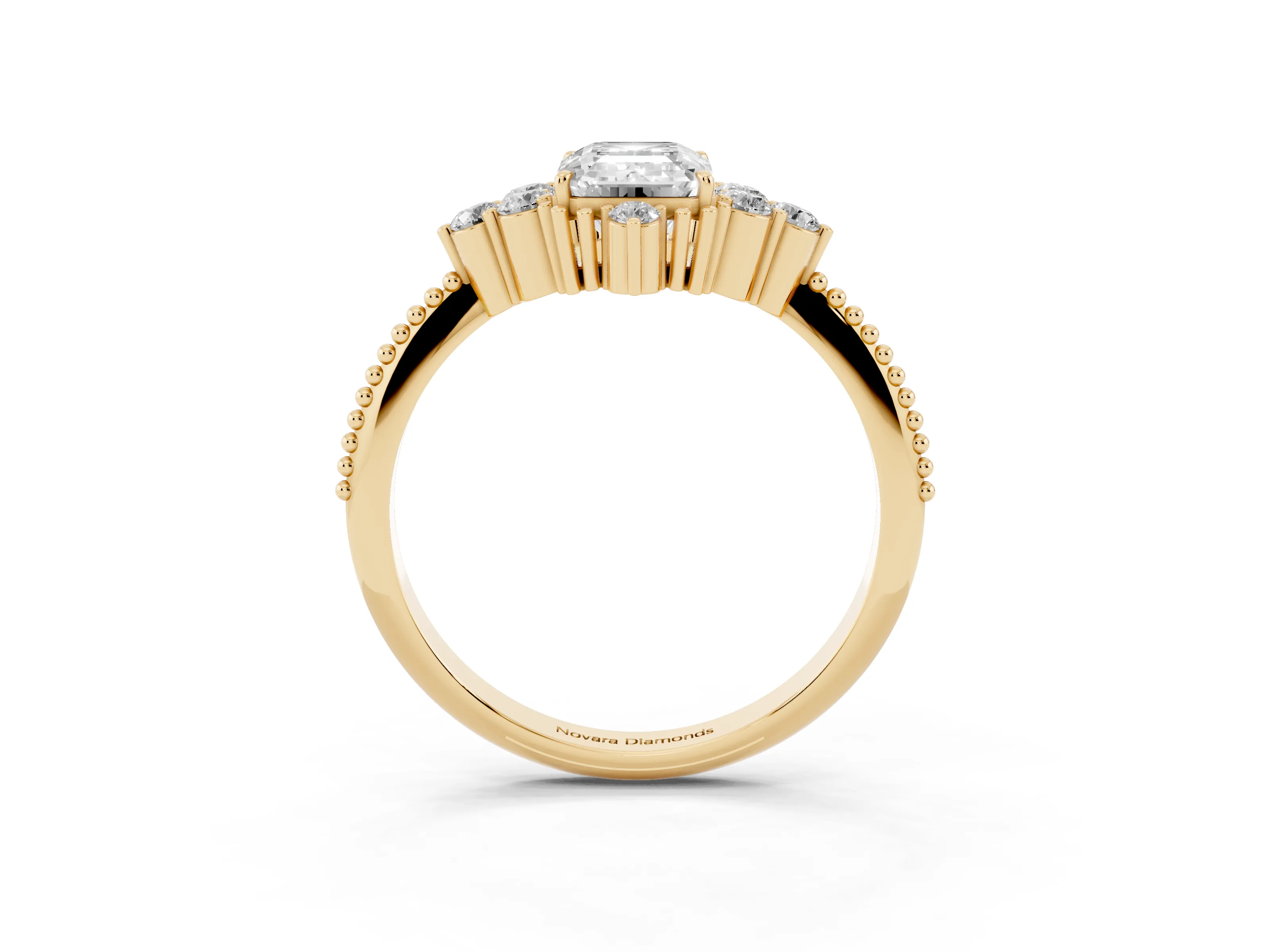 Emerald Cut Diamond Cluster Ring Set in Yellow gold with Beaded Band