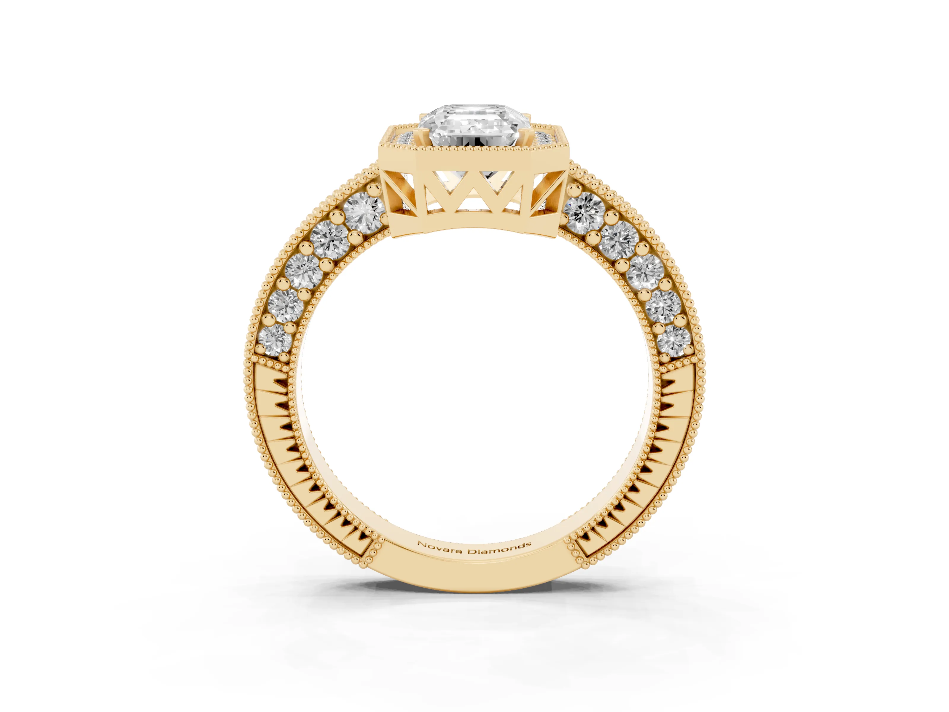 Emerald Cut Diamond Halo Pavé Band Ring Set in Yellow gold with Prong-Set Center