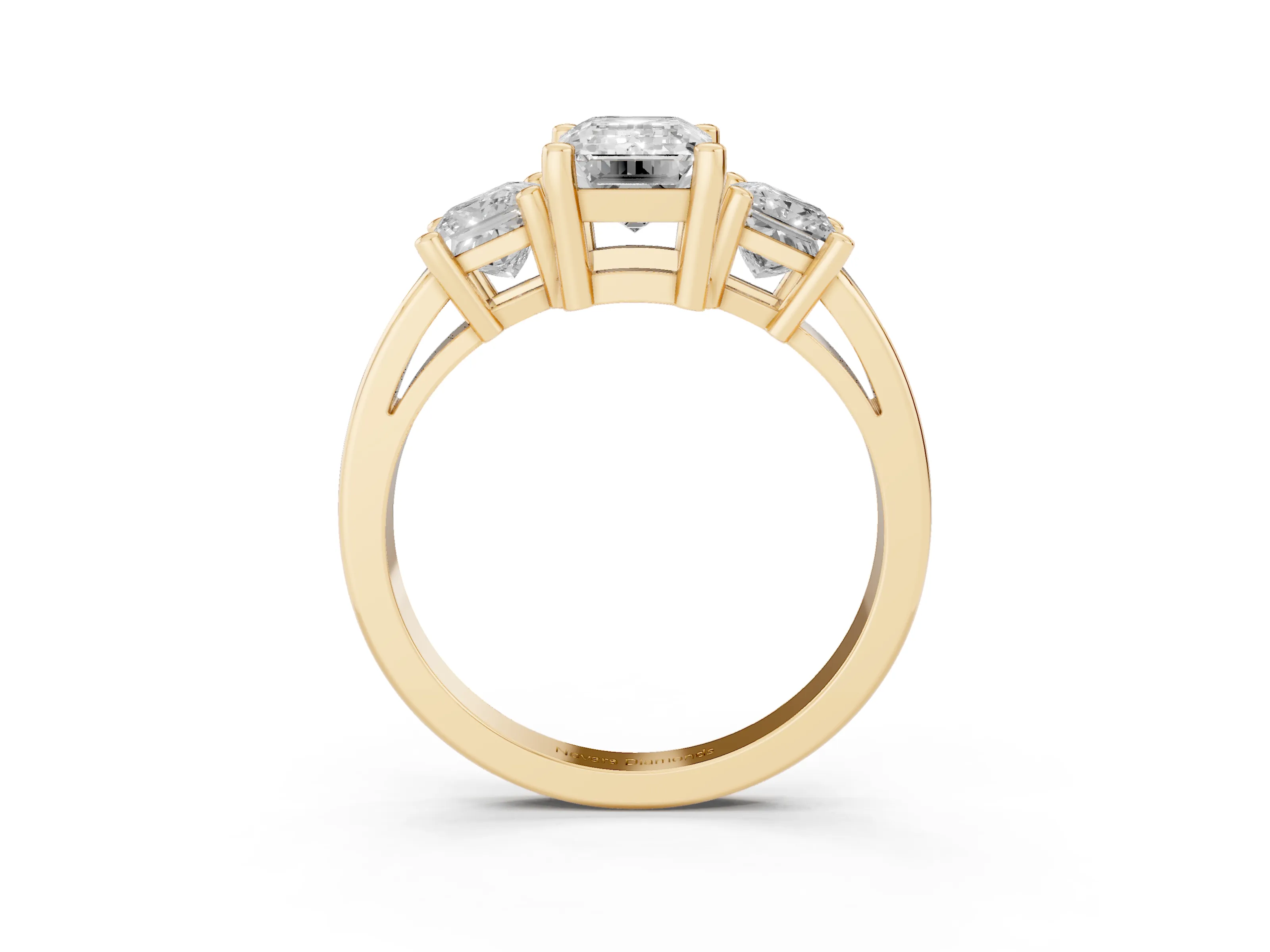 Three-Stone Emerald Cut Diamond Solitaire Ring Set in Yellow gold with Prong Setting