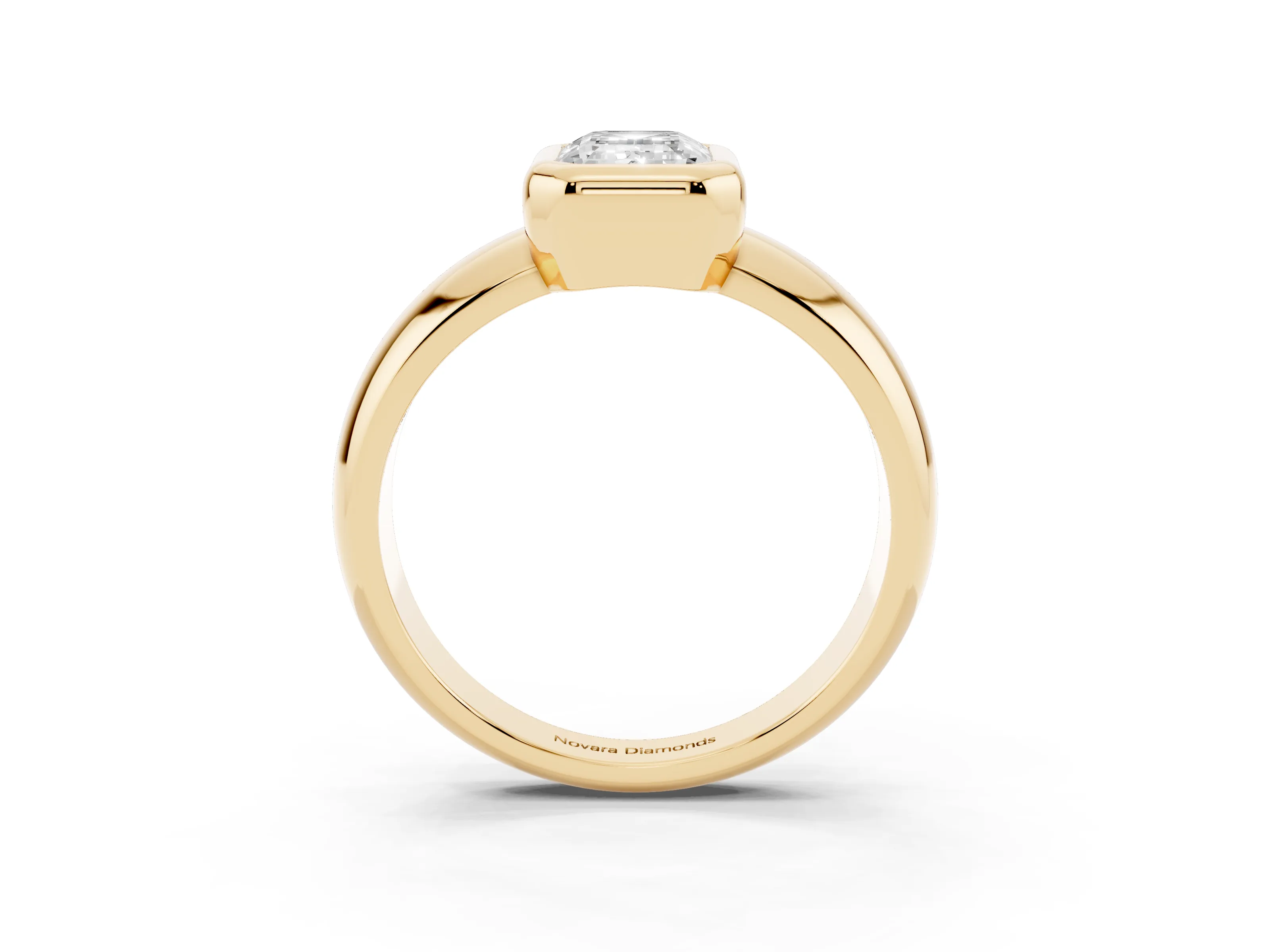Bezel Set Emerald Cut Diamond Solitaire Ring Set in Yellow gold with Wide Band