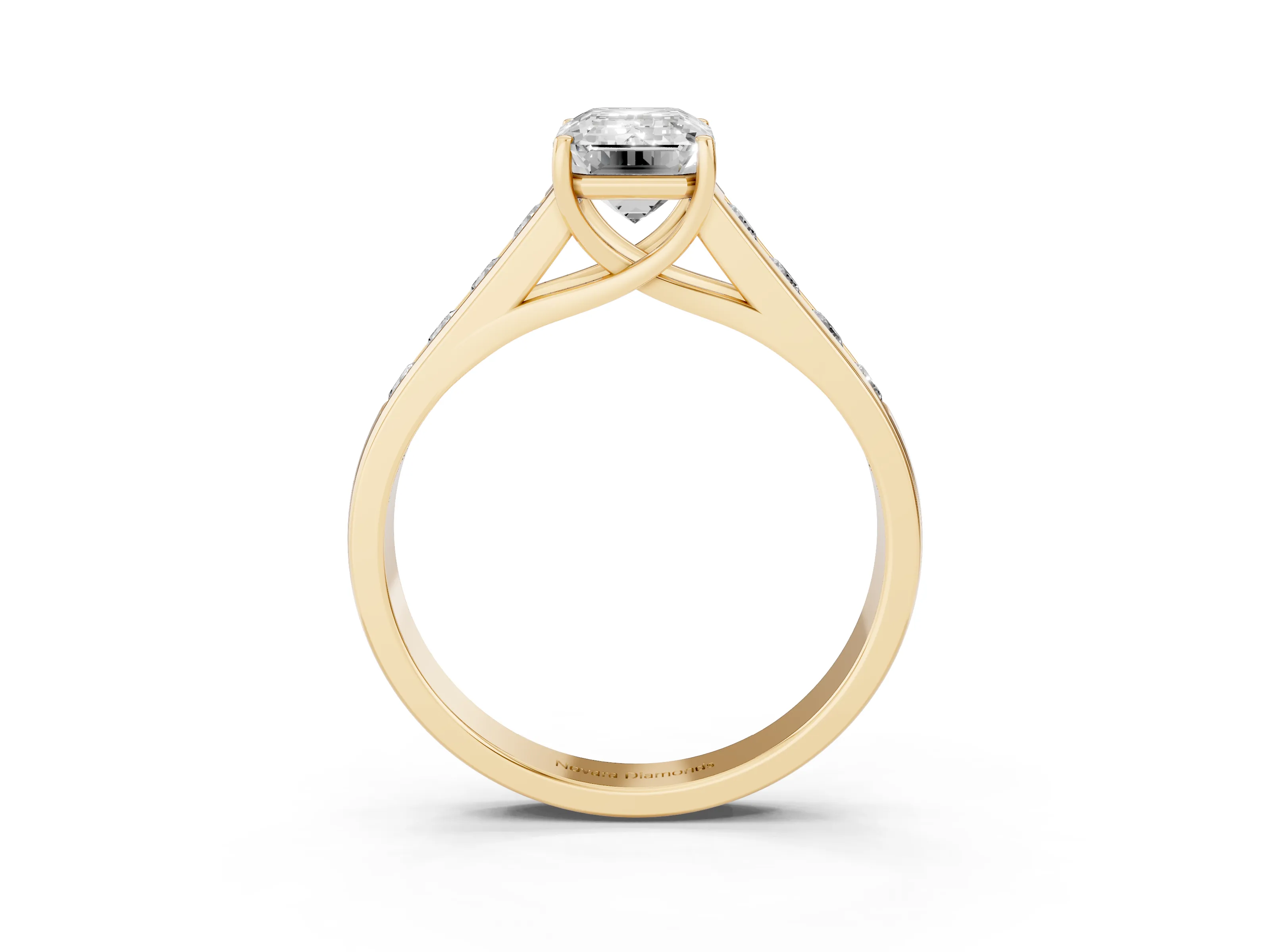 Emerald Cut Diamond Solitaire Channel-Set Engagement Ring Set in Yellow gold with Prong Setting