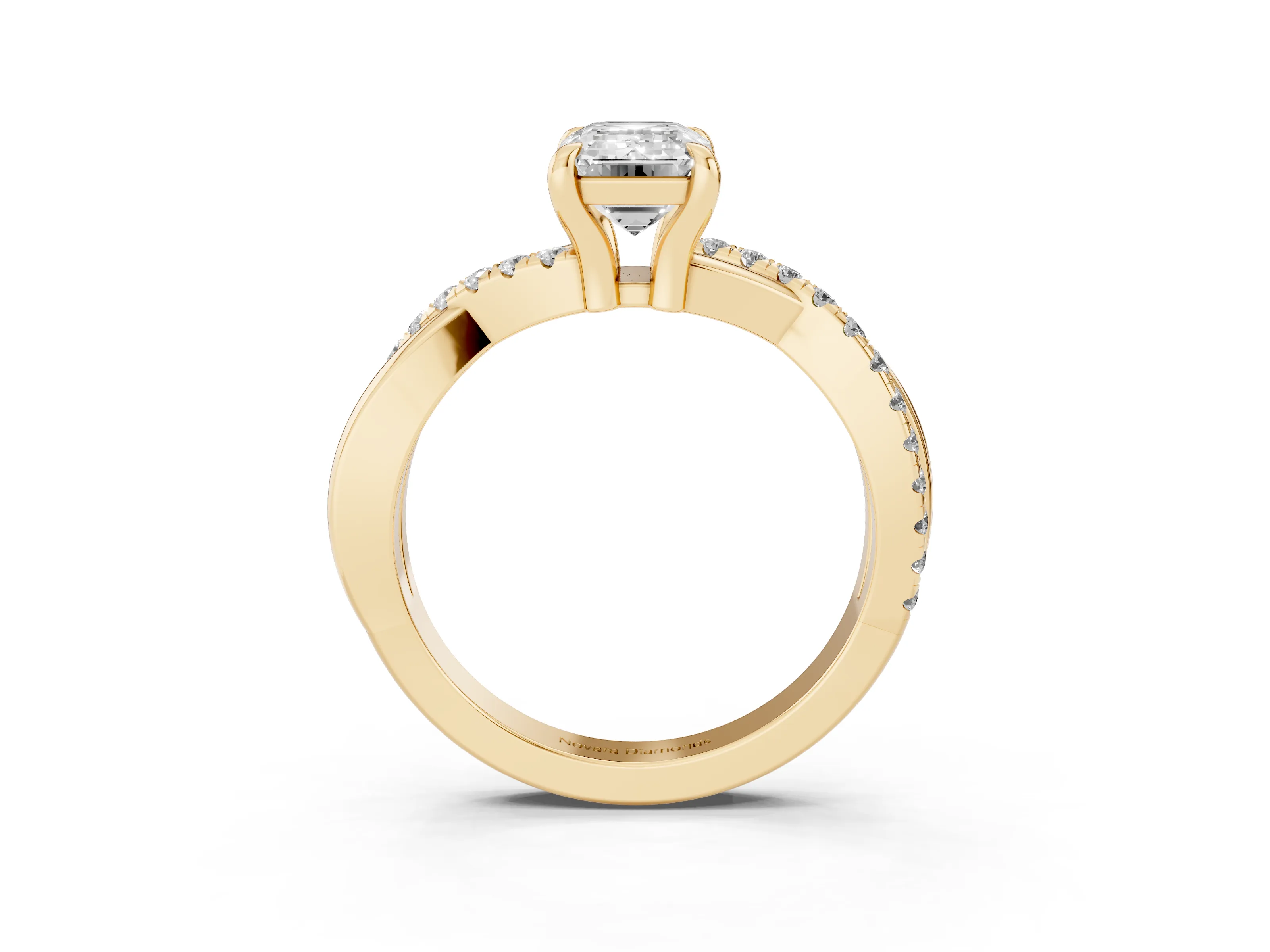 Emerald Cut Diamond Twist Band Solitaire Set in Yellow gold with Pavé Accents and Prong Setting