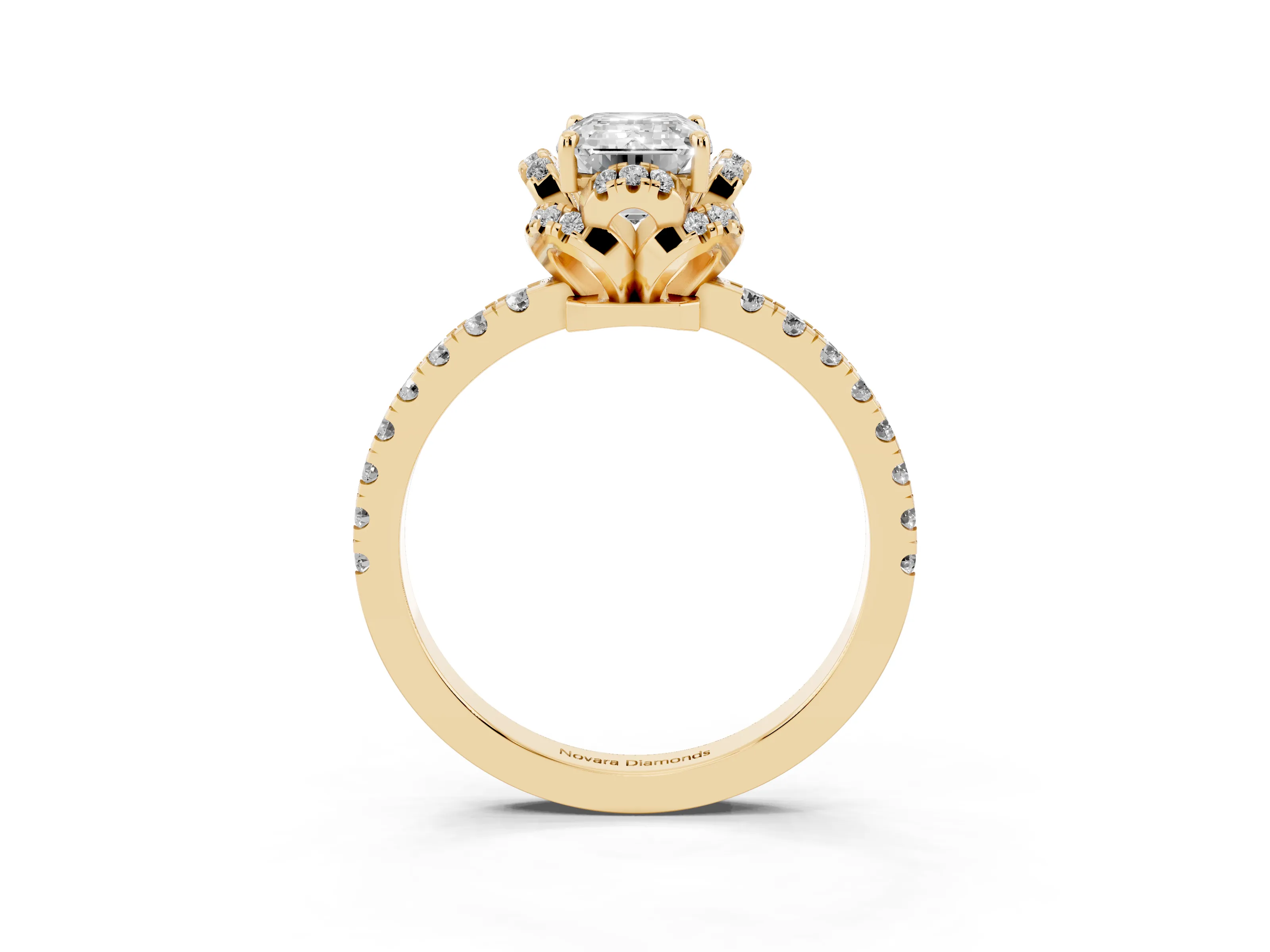 Emerald Cut Diamond Halo Pavé Band Ring Set in Yellow gold with Prong-Held Center