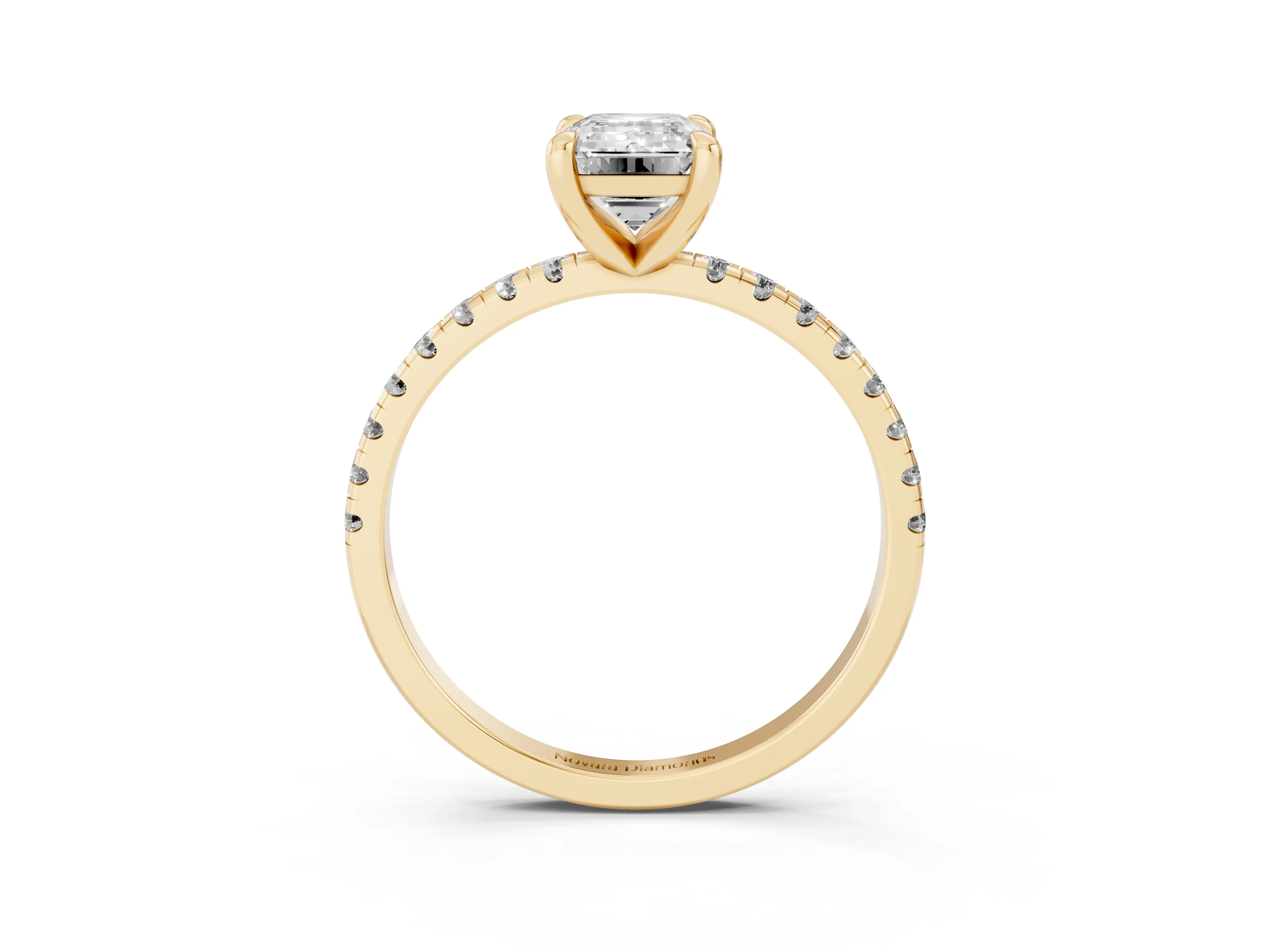 Emerald Cut Diamond Brilliant Solitaire Ring Set in Yellow gold with Pavé Band and Prong Setting
