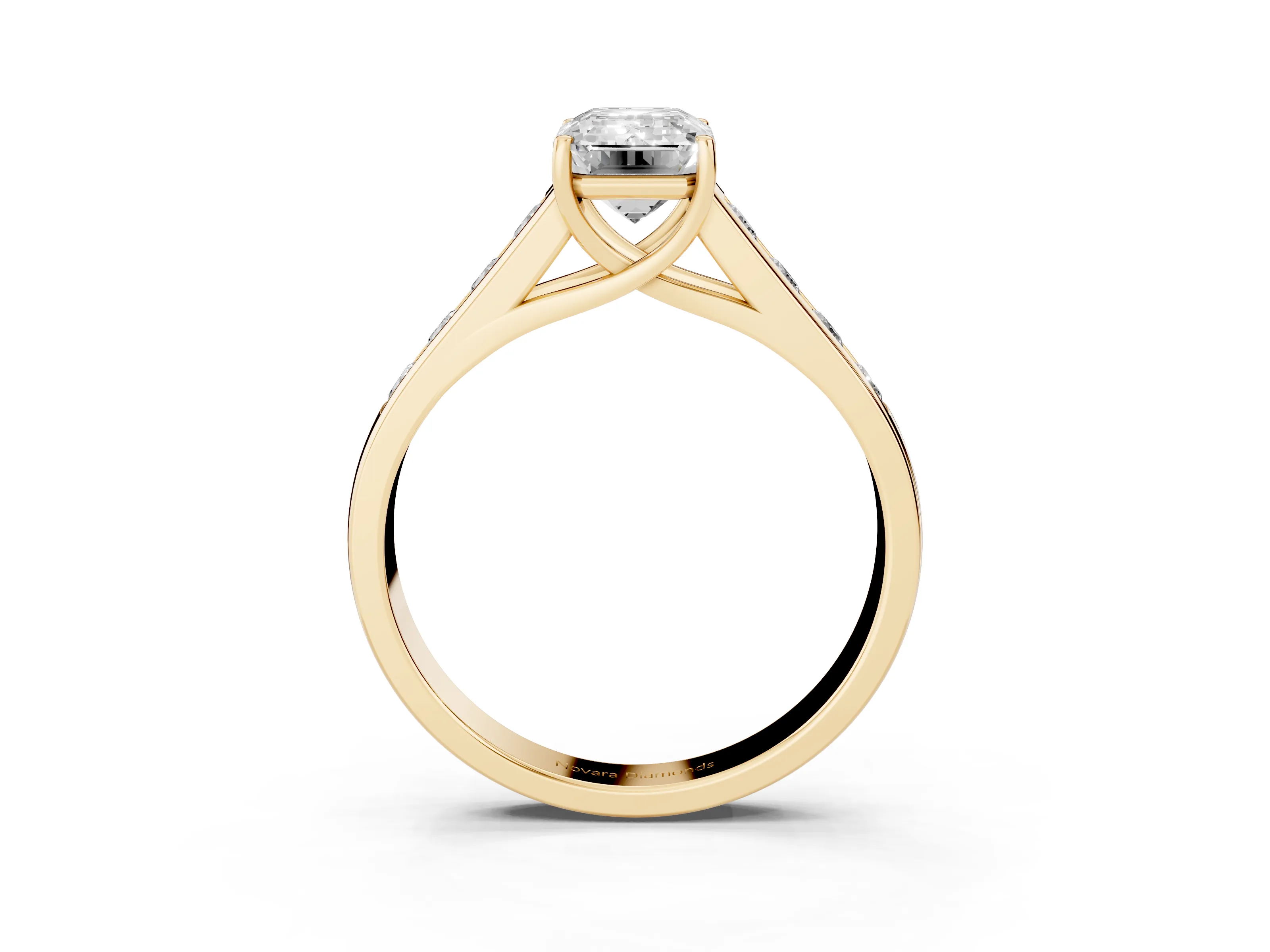 Emerald Cut Diamond Brilliant Channel-Set Solitaire Ring Set in Yellow gold with Prong Setting