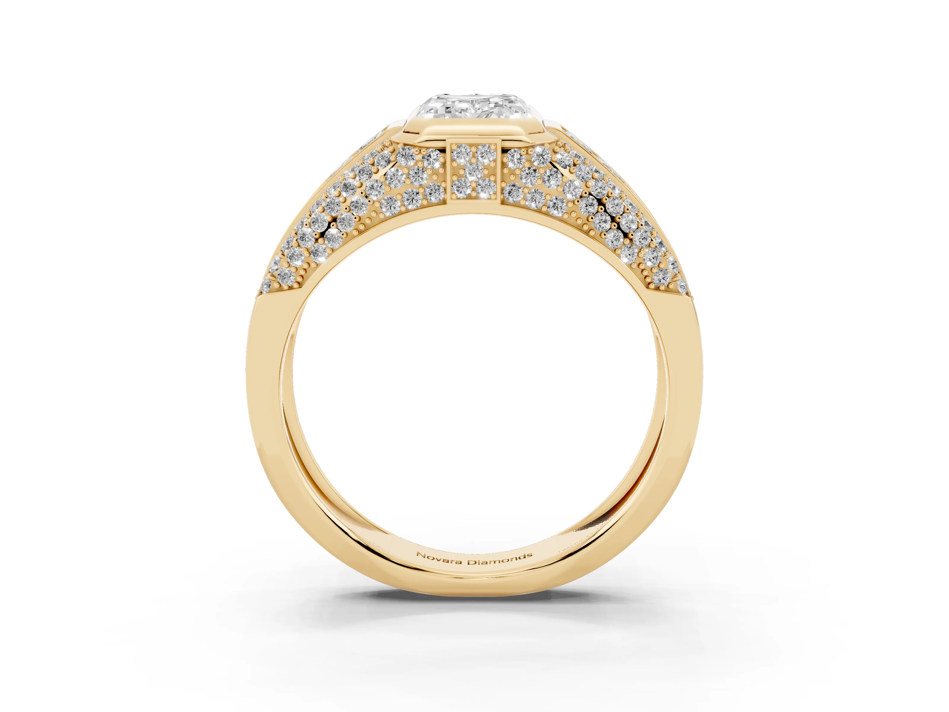 Emerald Cut Diamond Mens Ring Set in Yellow gold with Structured Side Stones and Pavé Shoulders