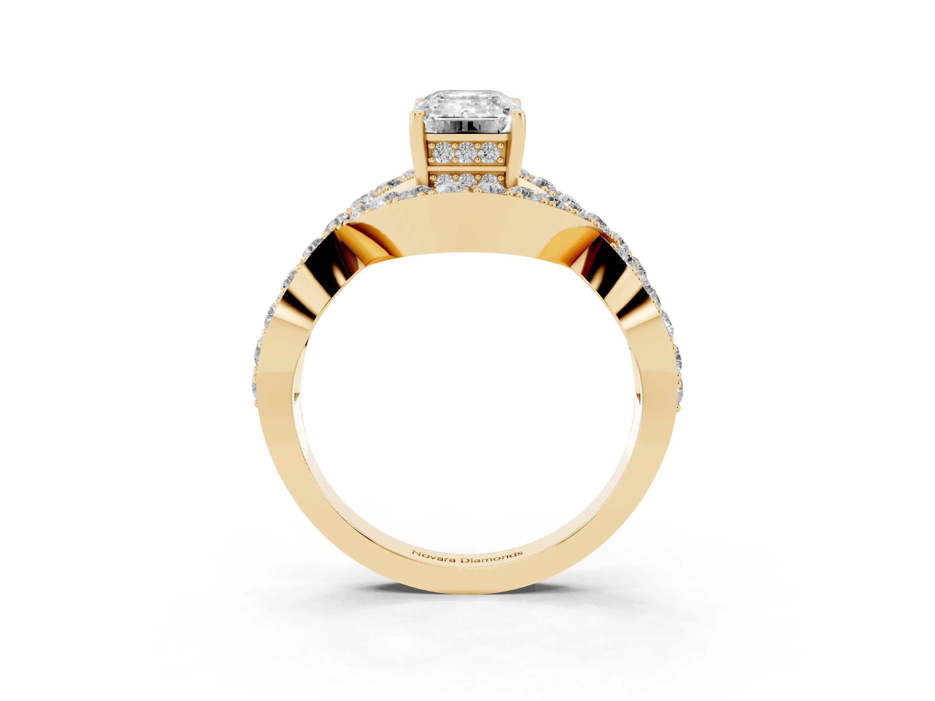 Emerald Cut Diamond Solitaire Twist Band Pavé Engagement Ring Set in Yellow gold