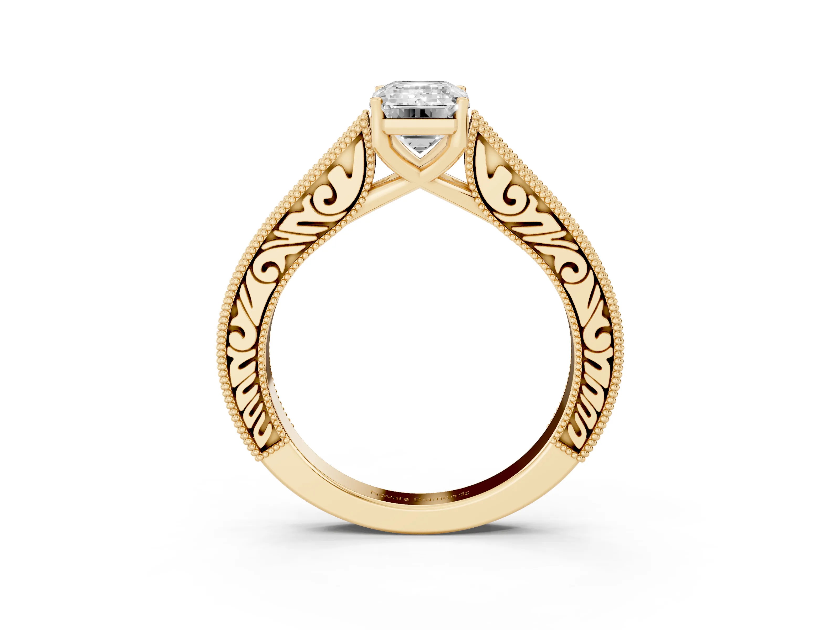 Emerald Cut Diamond Milgrain Pavé Band Solitaire Ring Set in Yellow gold with Prong Setting