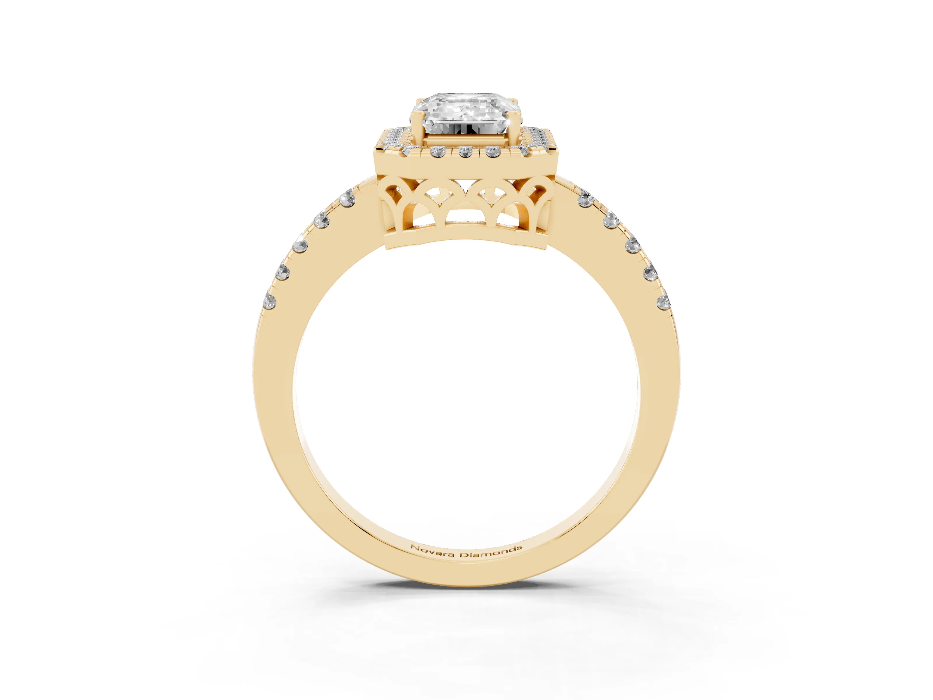 Emerald Cut Diamond Pavé Band Halo Engagement Ring Set in Yellow gold with Prong Setting