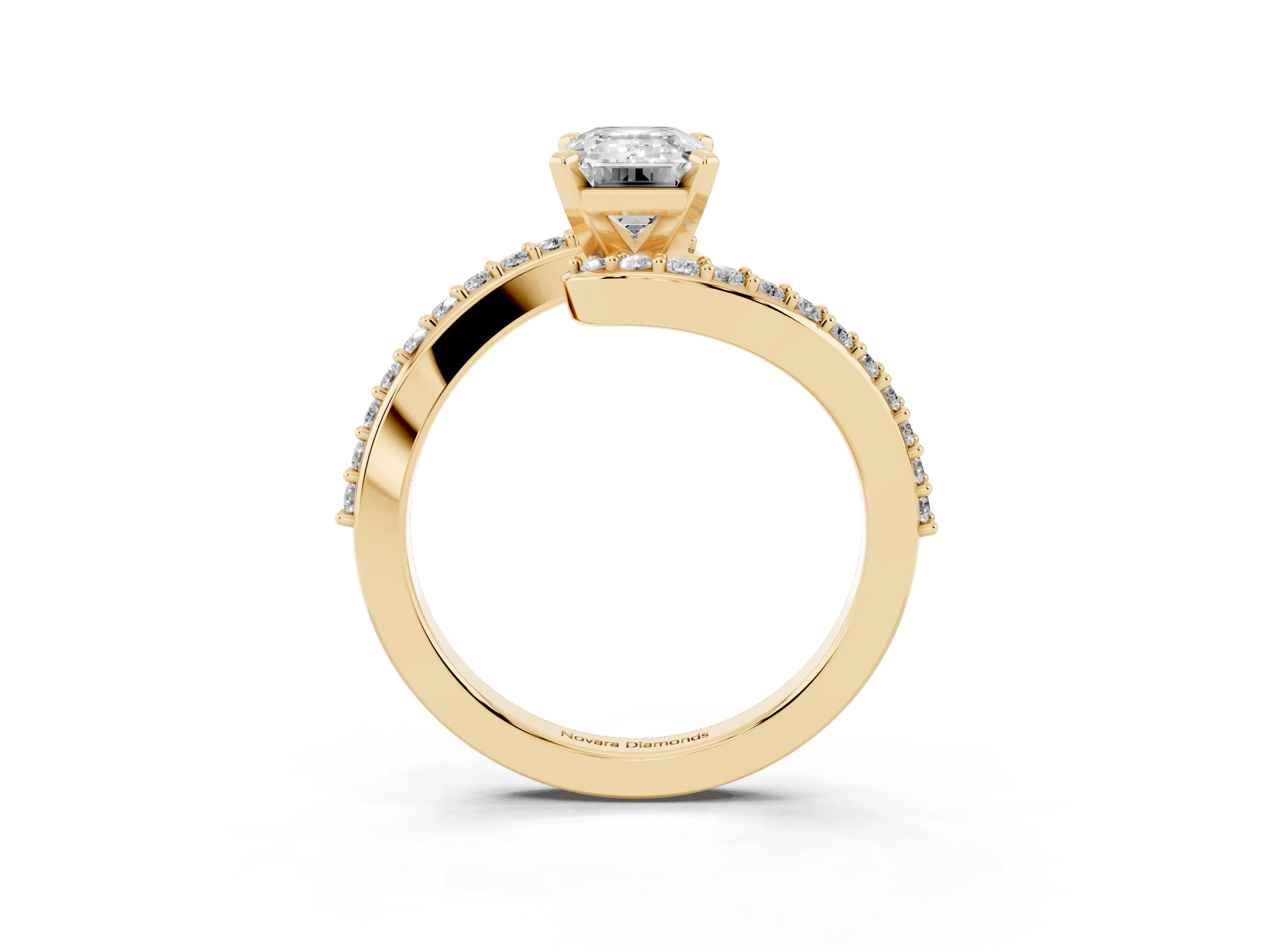 Emerald Cut Diamond Solitaire Ring Set in Yellow gold with Pavé Twist Band and Prong Setting