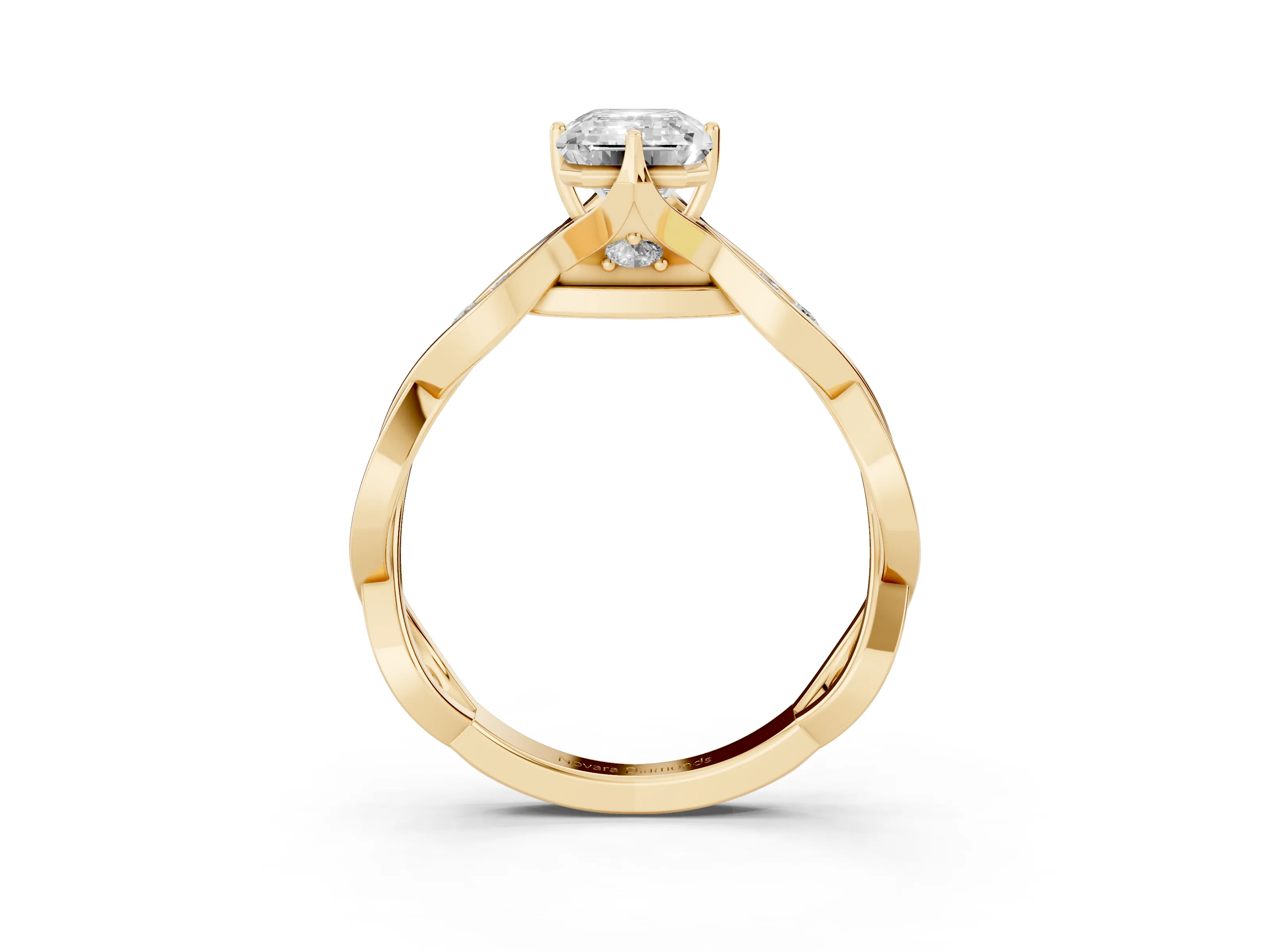 Emerald Cut Diamond Twist Band Solitaire Ring Set in Yellow gold with Leaf Prong Setting and Accent Stones