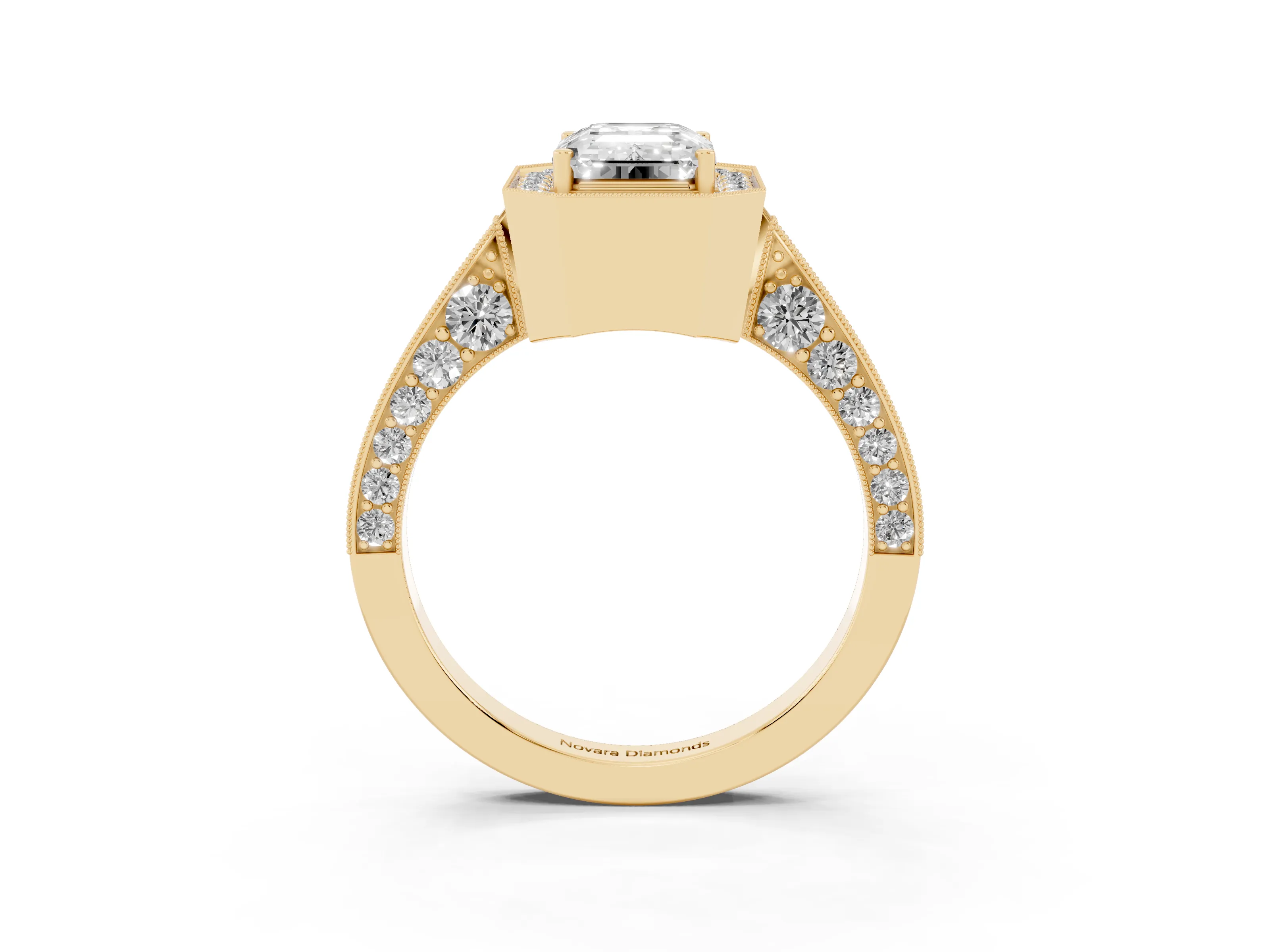 Emerald Cut Diamond Halo Engagement Ring Set in Yellow gold with Accent Split Shank Band