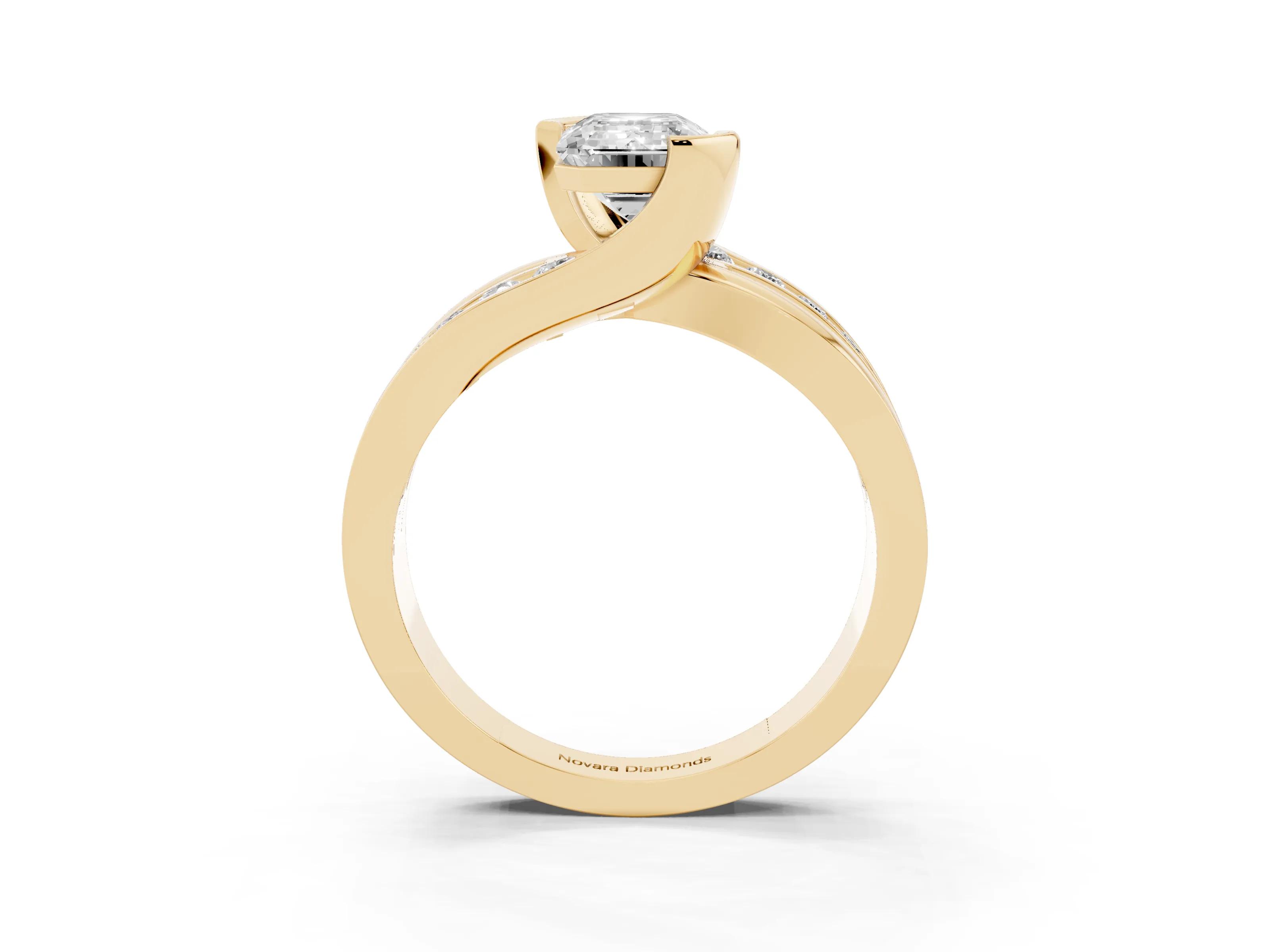 Emerald Cut Diamond Solitaire Ring Set in Yellow gold with Channel Set Split Shank and Tension Prongs