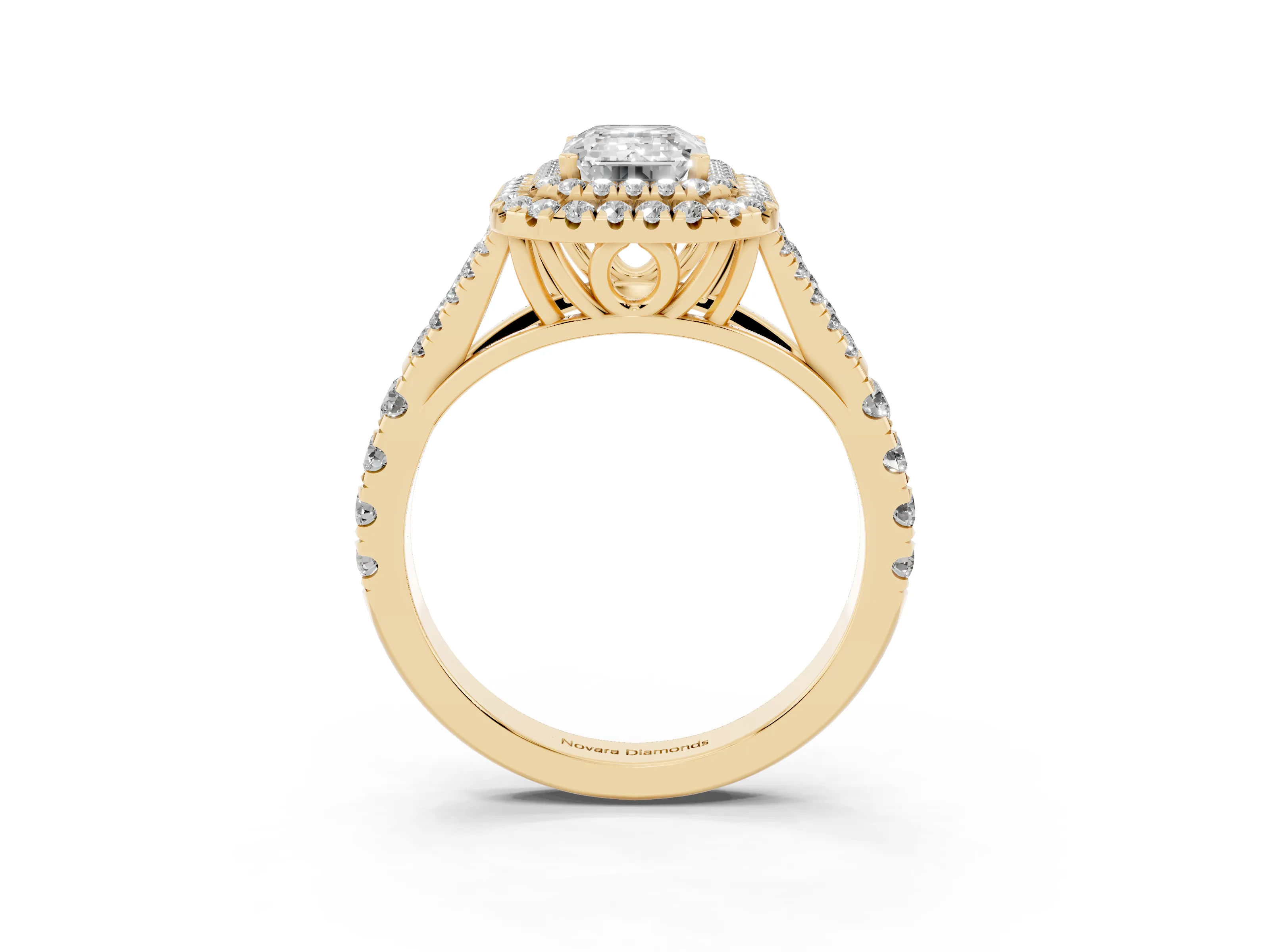 Emerald Cut Diamond Pavé Split Shank Double Halo Engagement Ring Set in Yellow gold