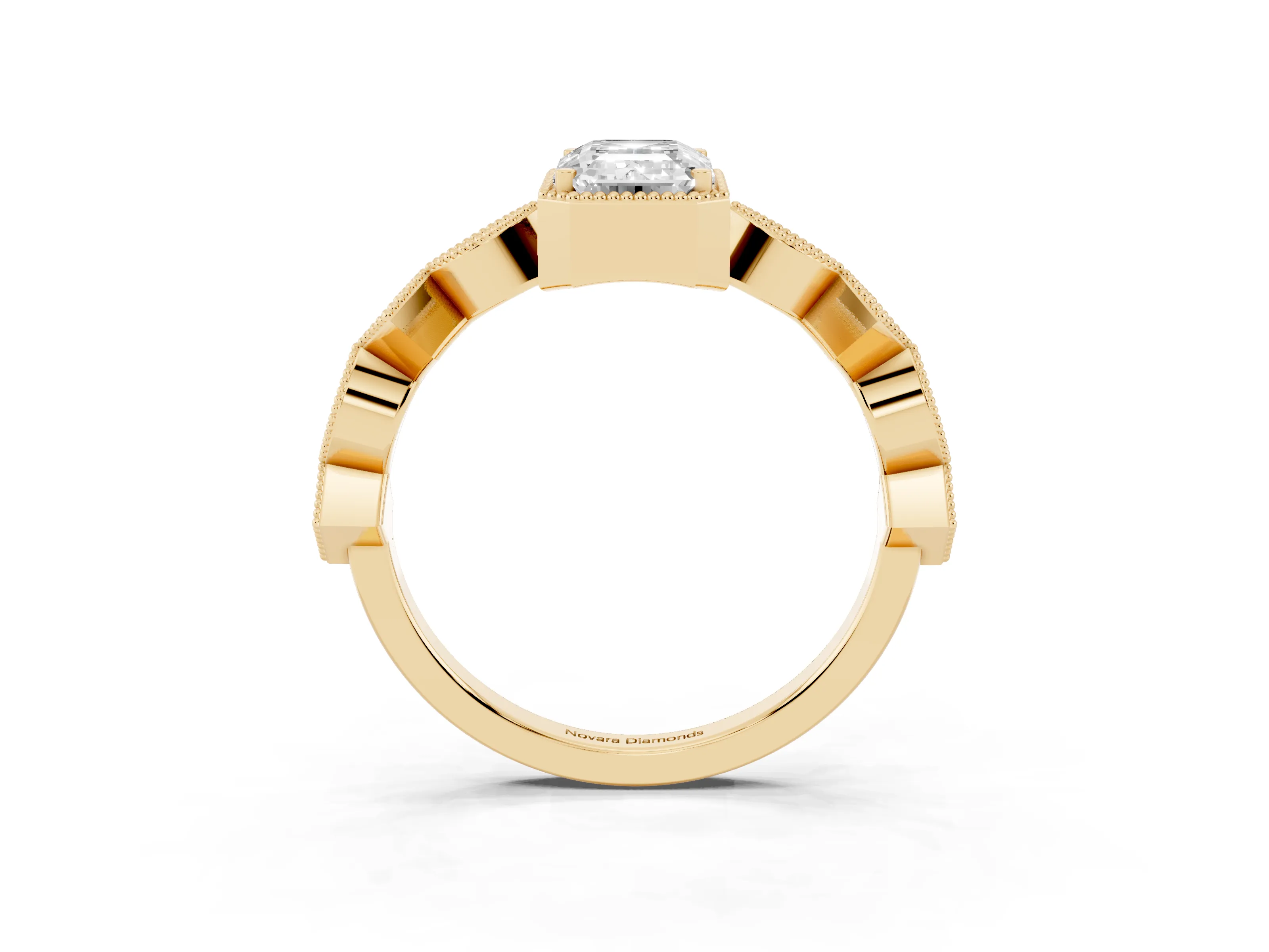 Emerald Cut Diamond Milgrain Marquise Twist Band Ring Set in Yellow gold with Prong Setting