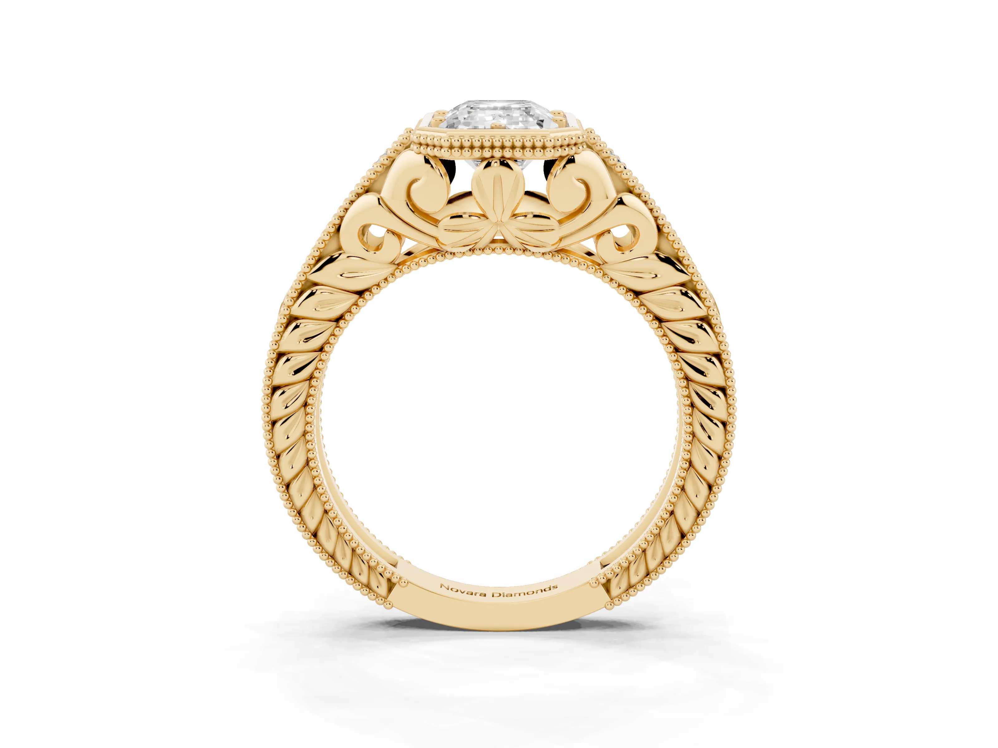 Bezel Set Emerald Cut Diamond Milgrain Pavé Engagement Ring Set in Yellow gold
