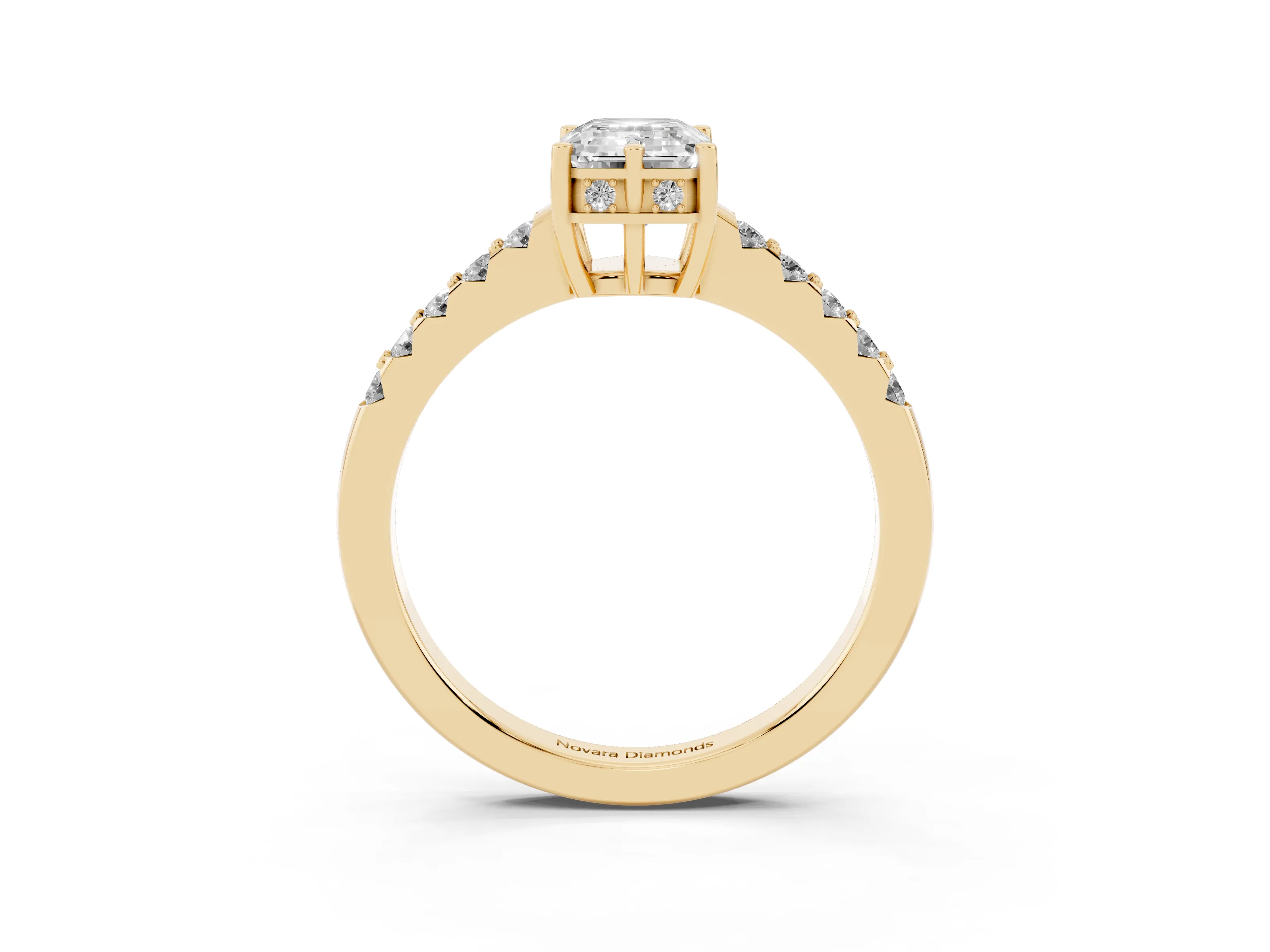 Emerald Cut Diamond Solitaire Engagement Ring Set in Yellow gold with Pavé Band and Prong Setting